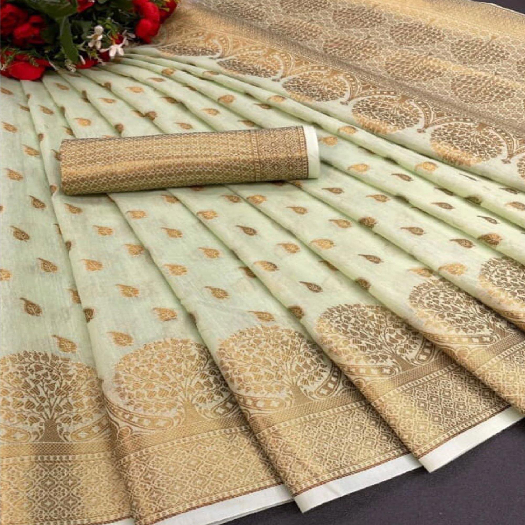 Green Festive Wear Woven Cotton Saree With Zari Border - Peachmode