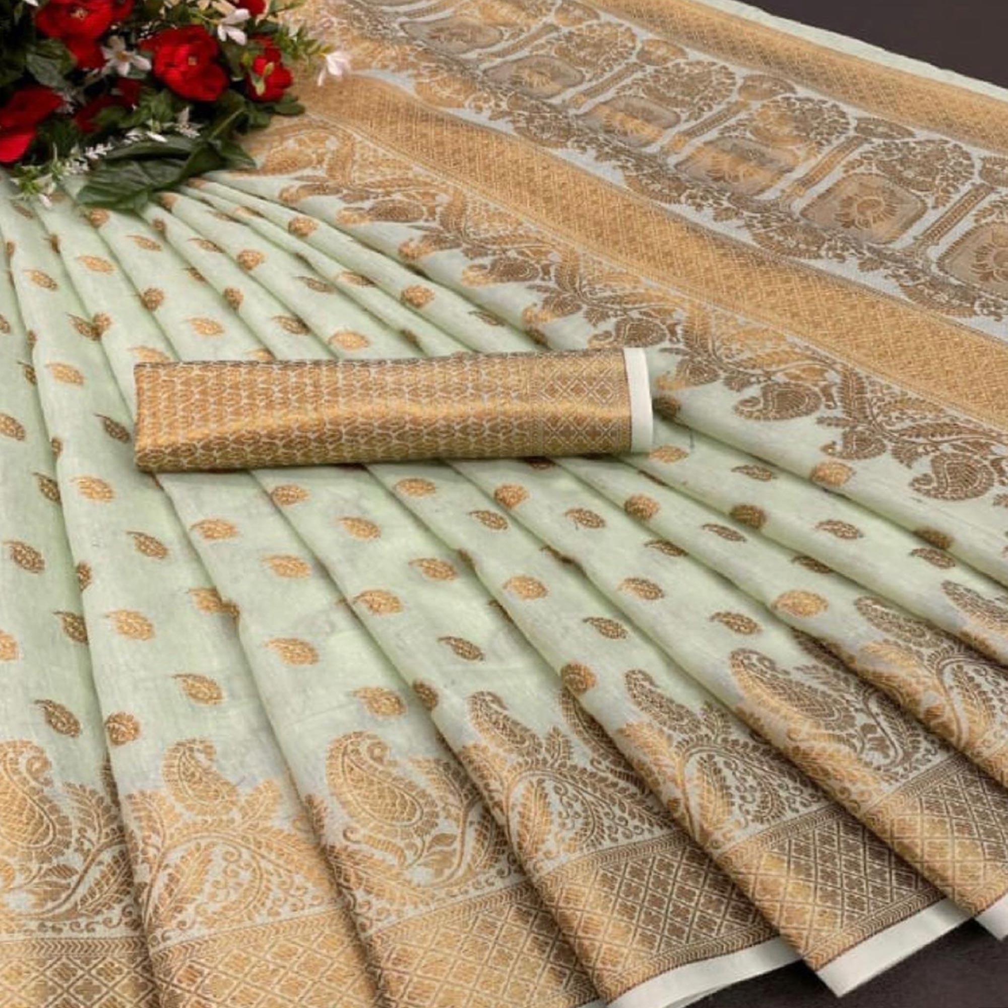 Green Festive Wear Woven Cotton Saree With Zari Border - Peachmode