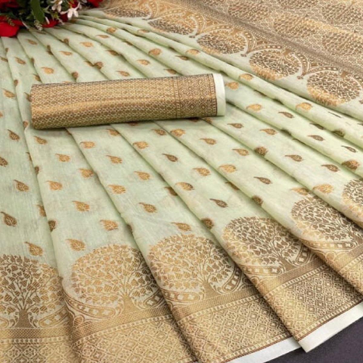 Green Festive Wear Woven Cotton Saree With Zari Border - Peachmode