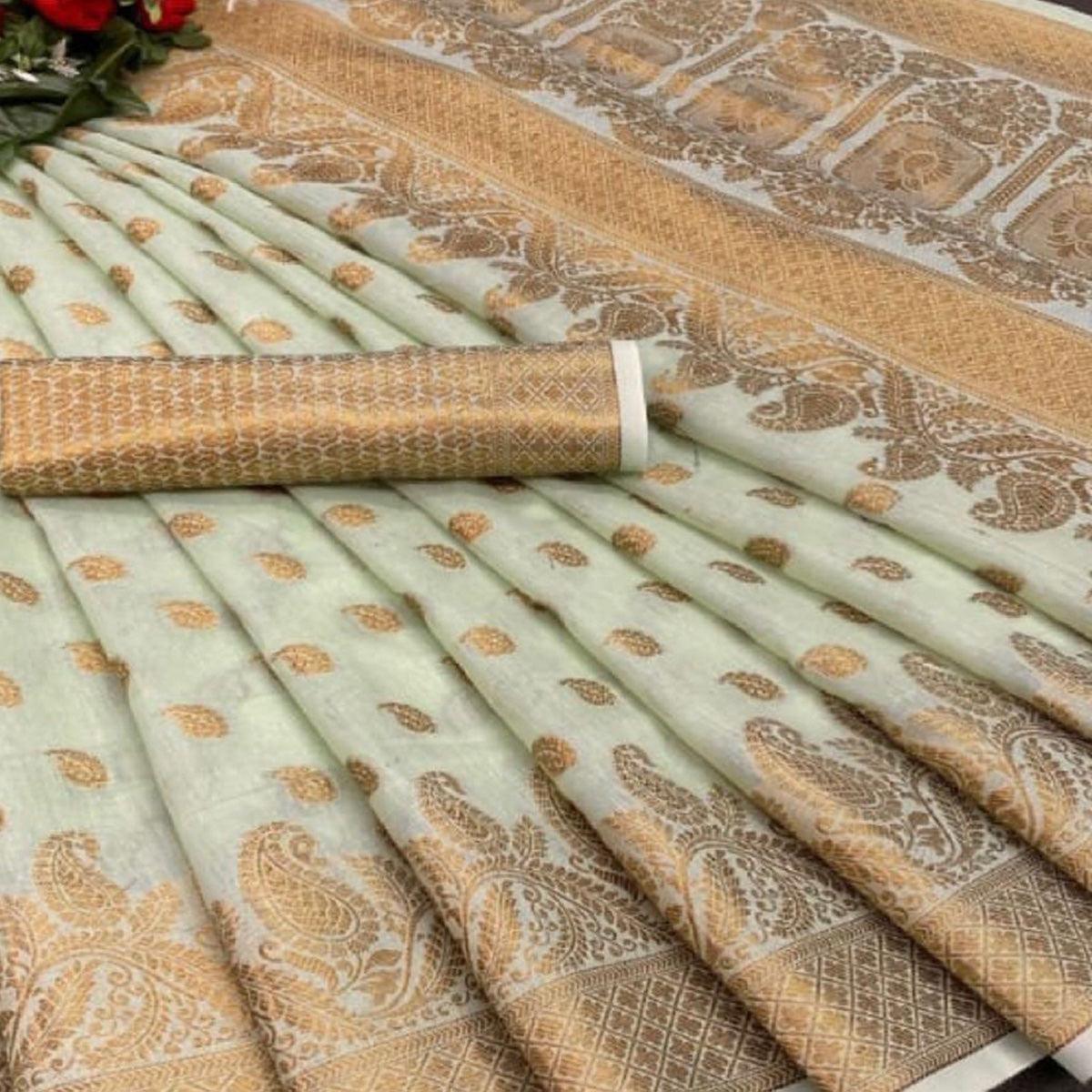 Green Festive Wear Woven Cotton Saree With Zari Border - Peachmode
