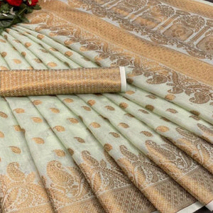 Green Festive Wear Woven Cotton Saree With Zari Border - Peachmode