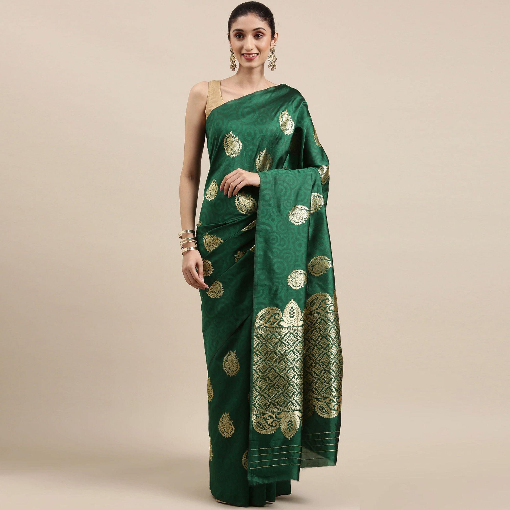 Green Festive Wear Woven Cotton Silk Designer Saree - Peachmode