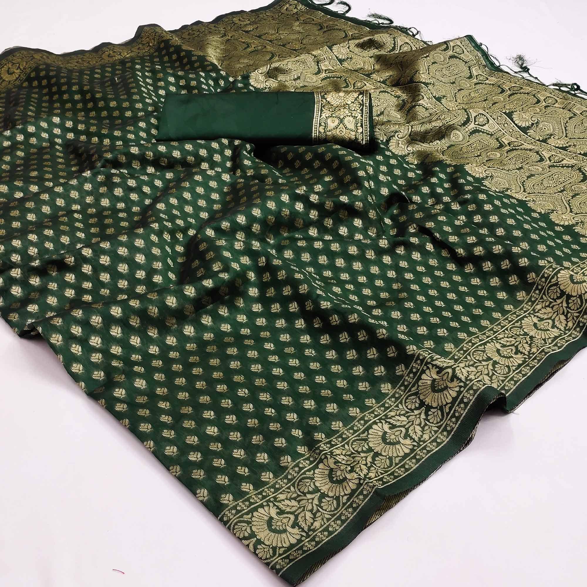 Green Festive Wear Woven Cotton Silk Saree - Peachmode