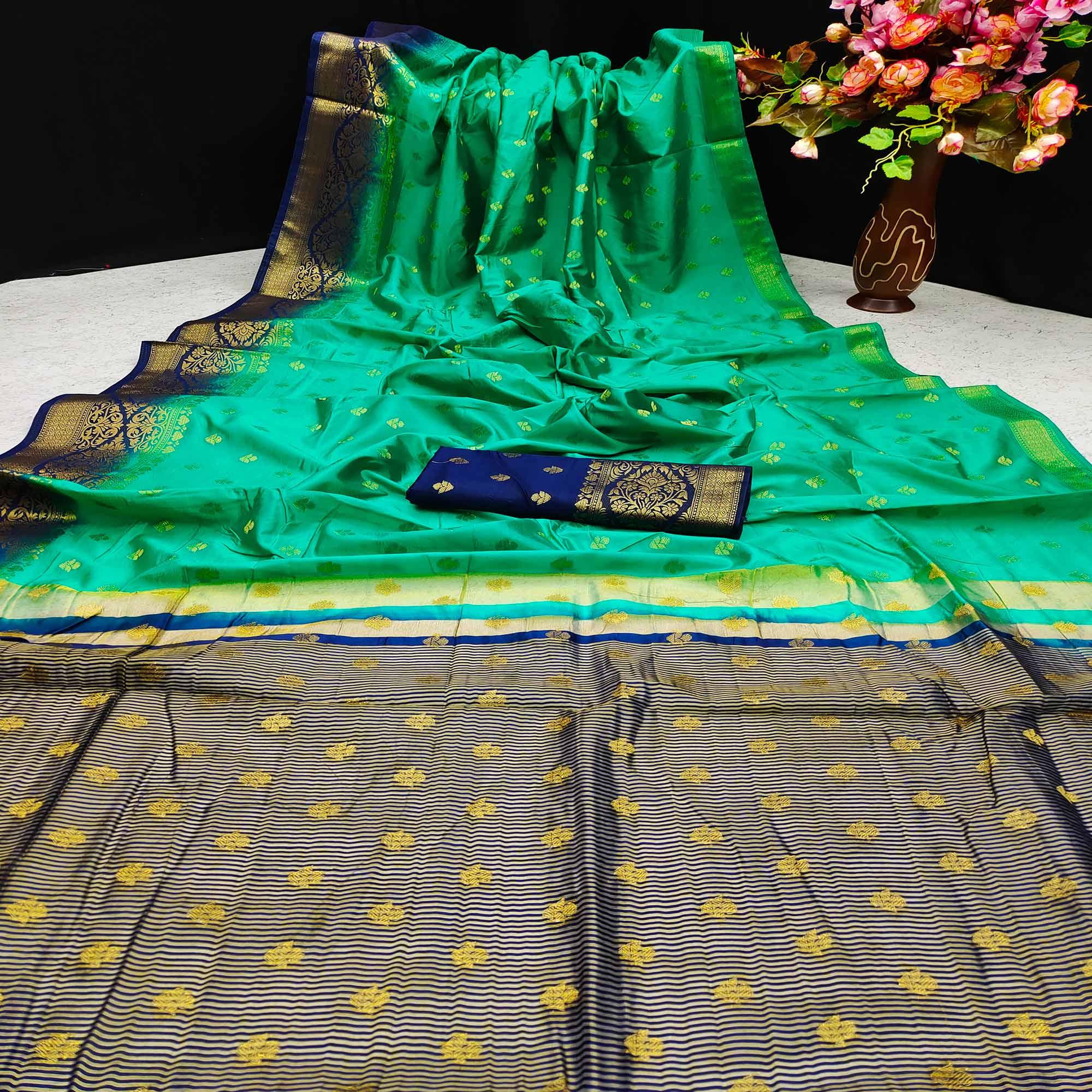 Green Festive Wear Woven Cotton Silk Saree - Peachmode