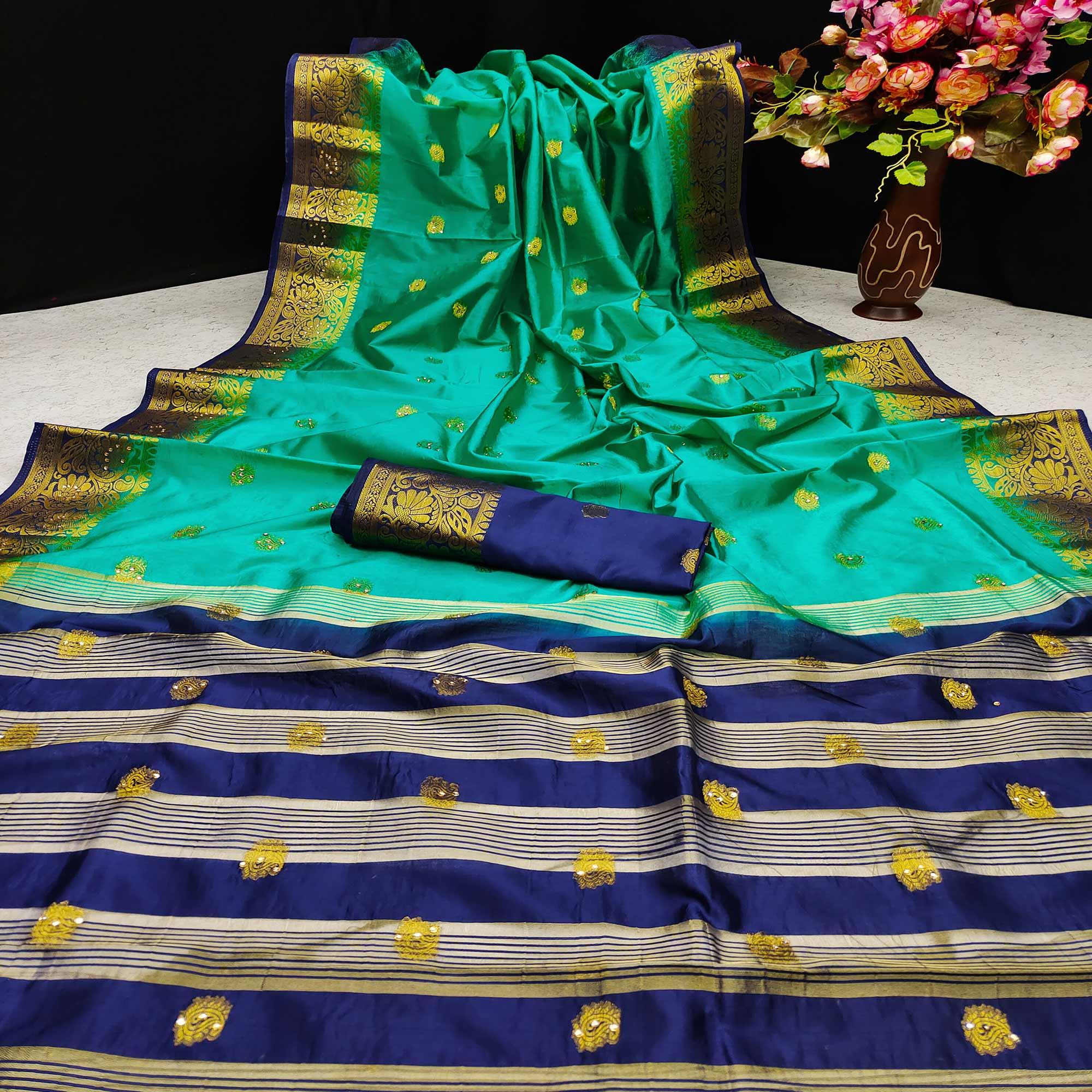 Green Festive Wear Woven Cotton Silk Saree - Peachmode