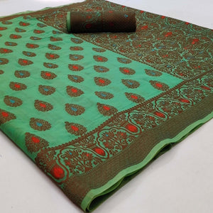 Green Festive Wear Woven Cotton Silk Saree - Peachmode