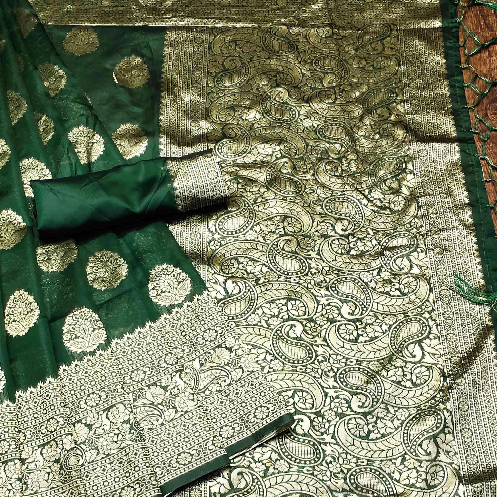 Green Festive Wear Woven Cotton Silk Saree - Peachmode