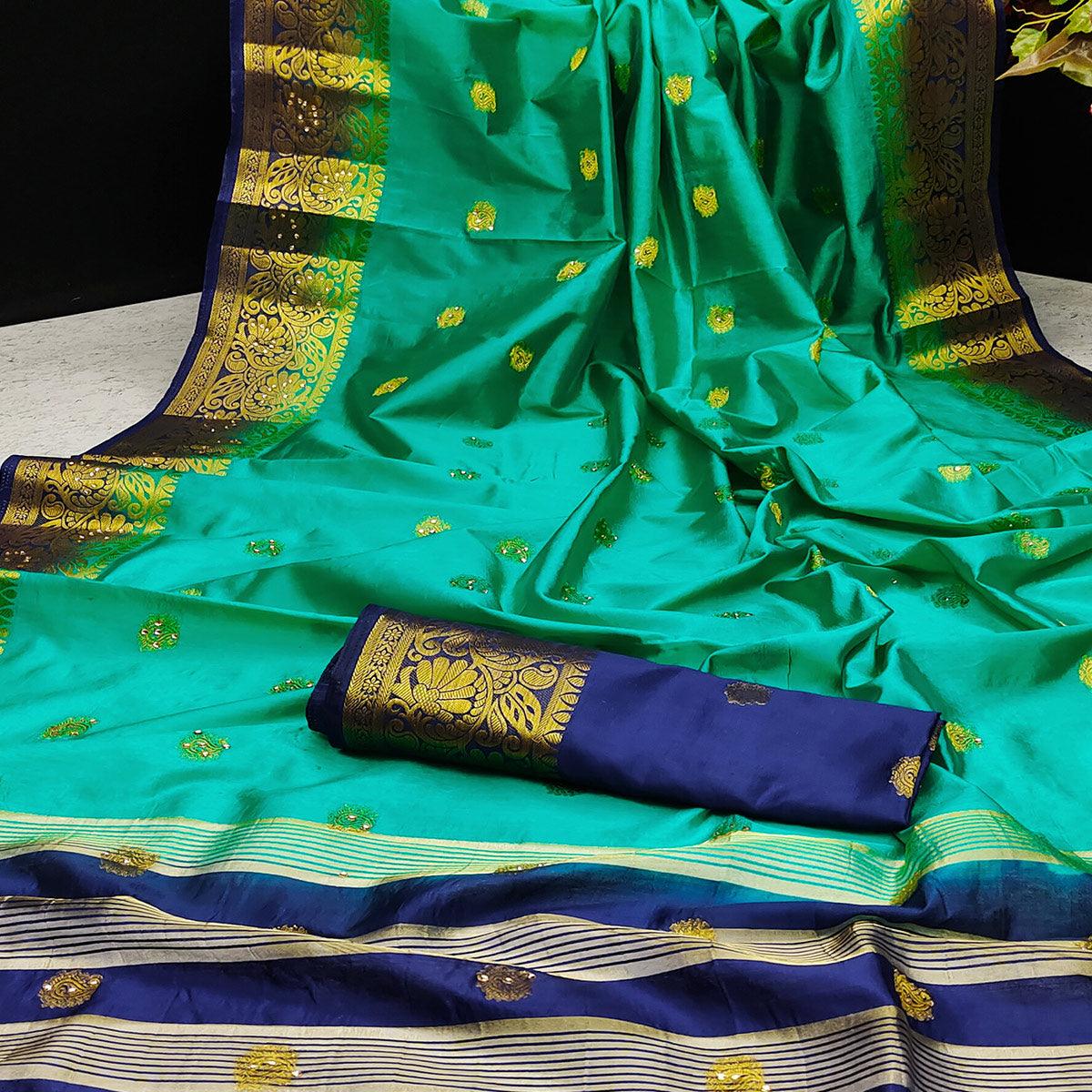 Green Festive Wear Woven Cotton Silk Saree - Peachmode