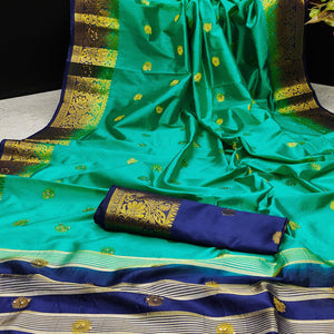 Green Festive Wear Woven Cotton Silk Saree - Peachmode
