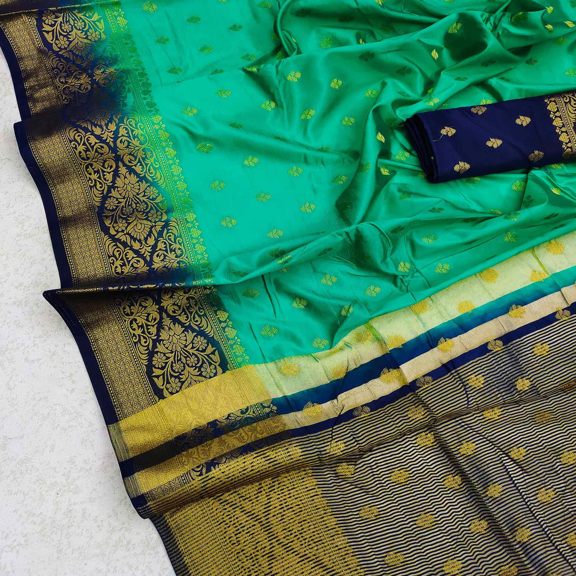 Green Festive Wear Woven Cotton Silk Saree - Peachmode