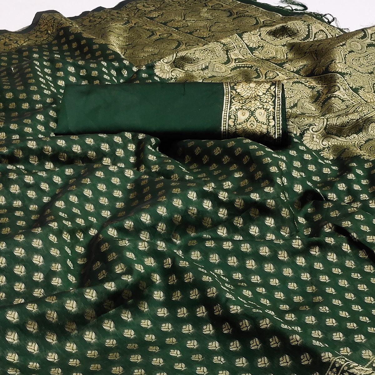 Green Festive Wear Woven Cotton Silk Saree - Peachmode