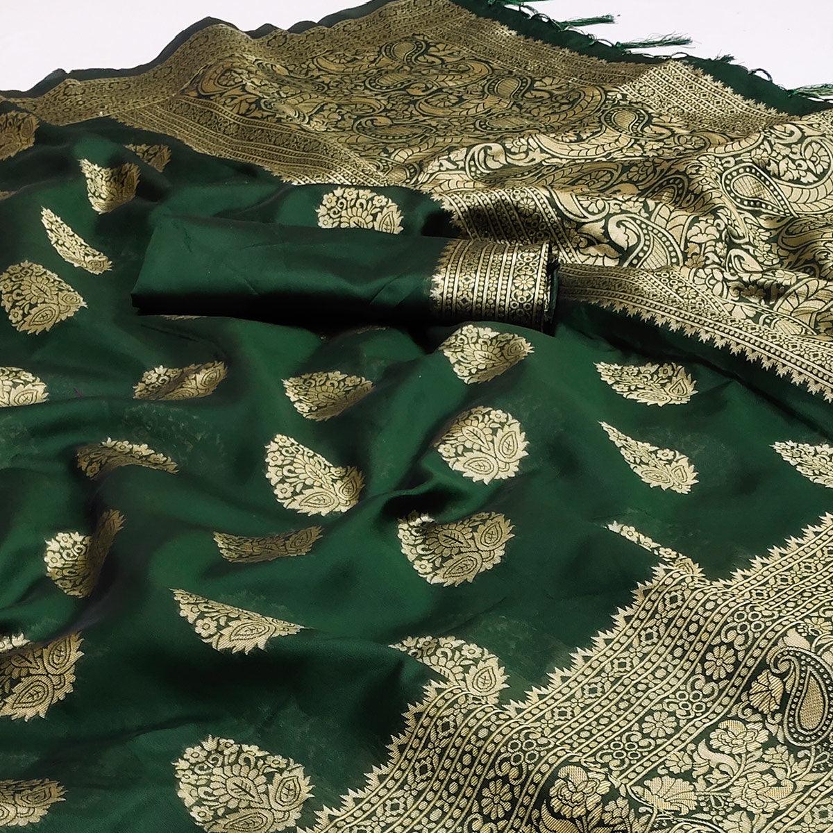 Green Festive Wear Woven Cotton Silk Saree - Peachmode