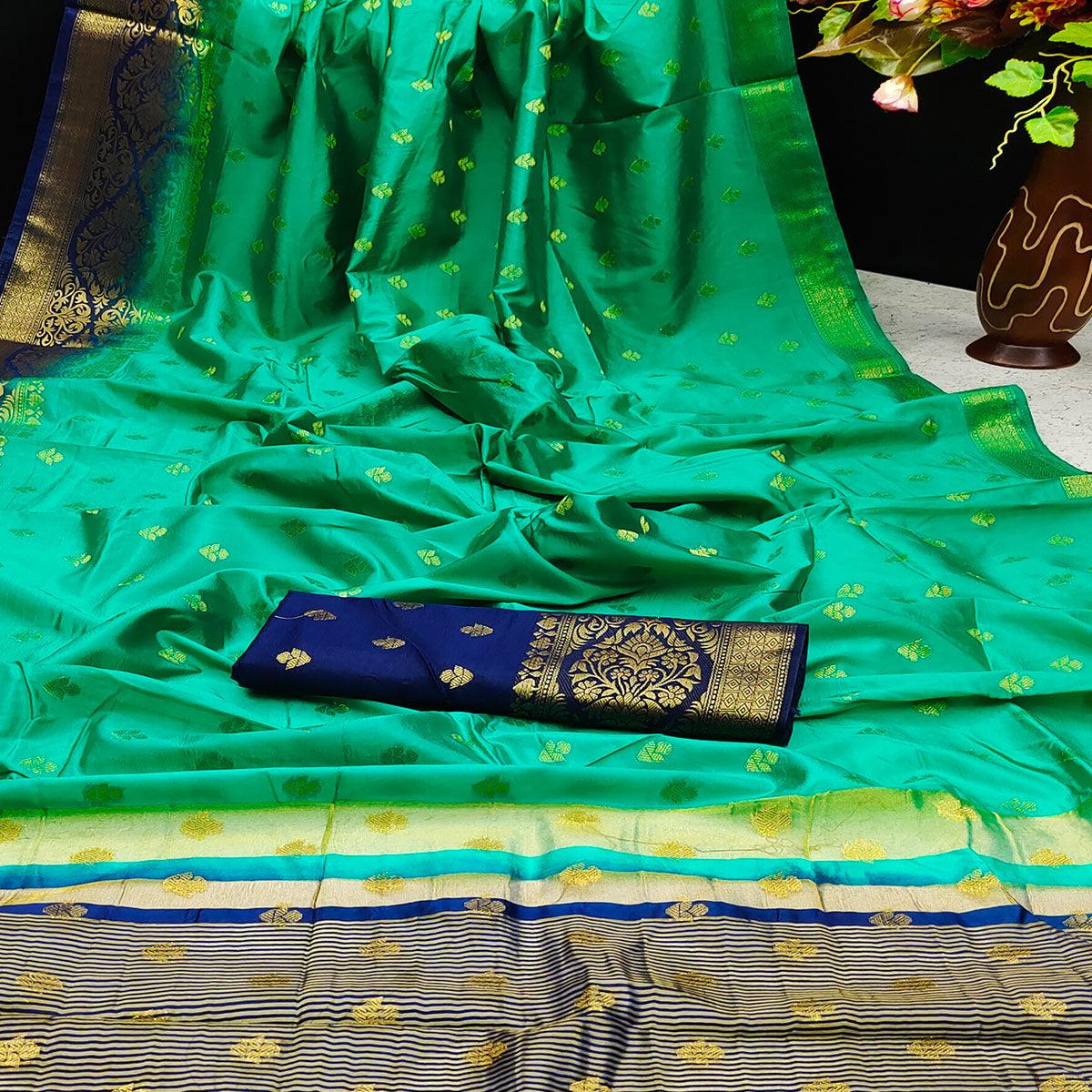 Green Festive Wear Woven Cotton Silk Saree - Peachmode