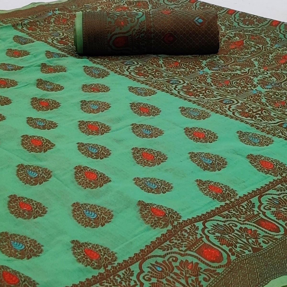 Green Festive Wear Woven Cotton Silk Saree - Peachmode