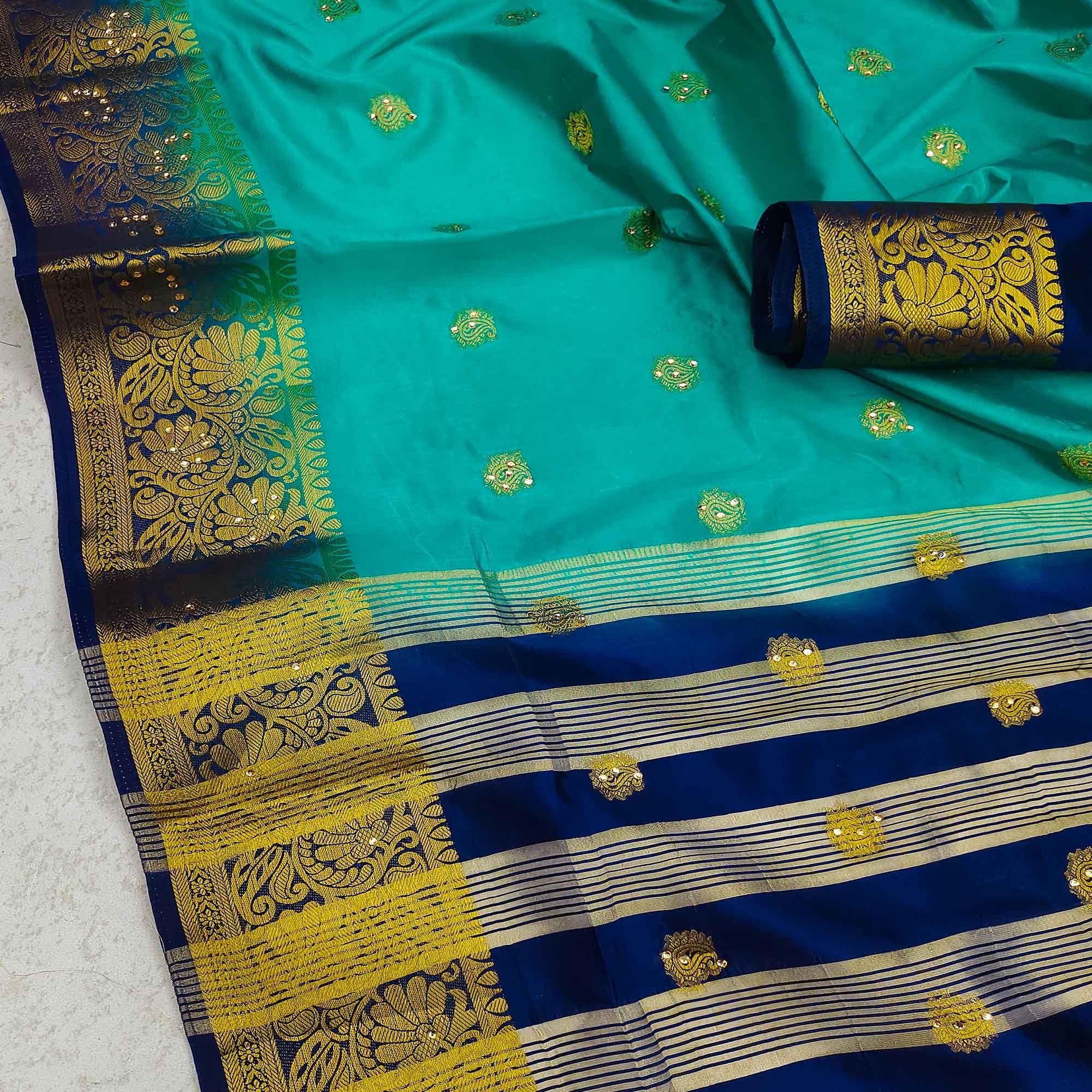 Green Festive Wear Woven Cotton Silk Saree - Peachmode