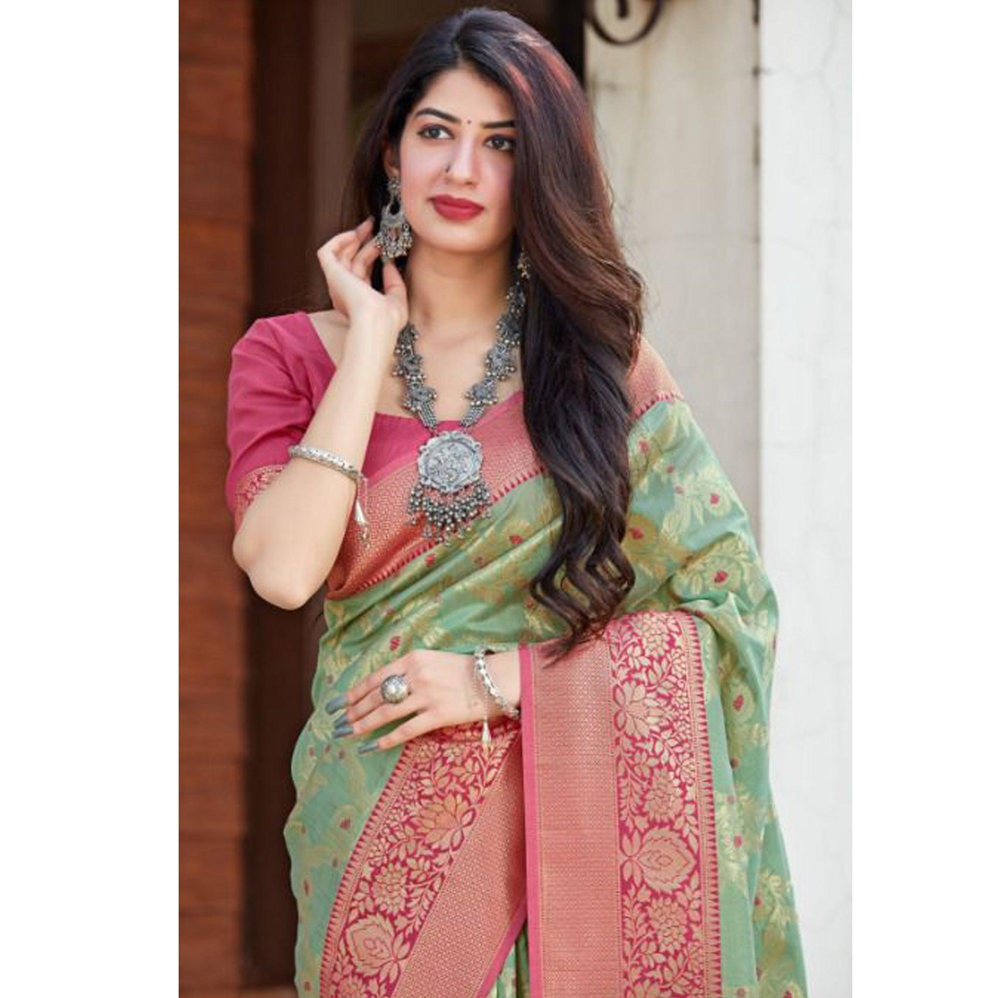 Green Festive Wear Woven Designer Art Silk Saree - Peachmode