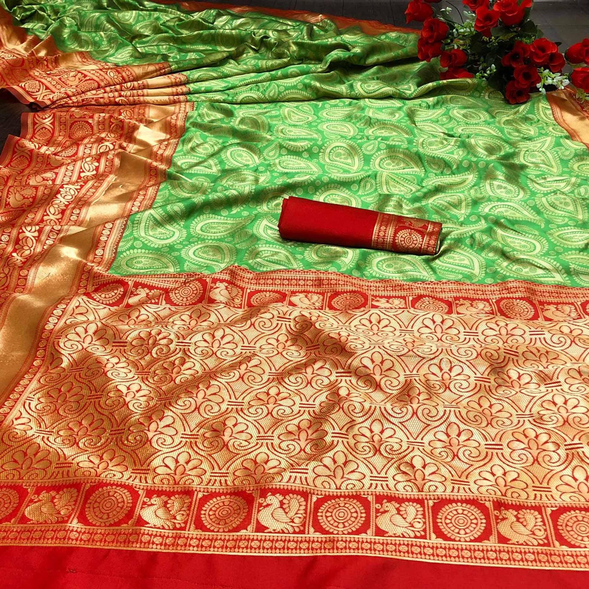 Green Festive Wear Woven Designer Border Soft Lichi Silk Saree - Peachmode