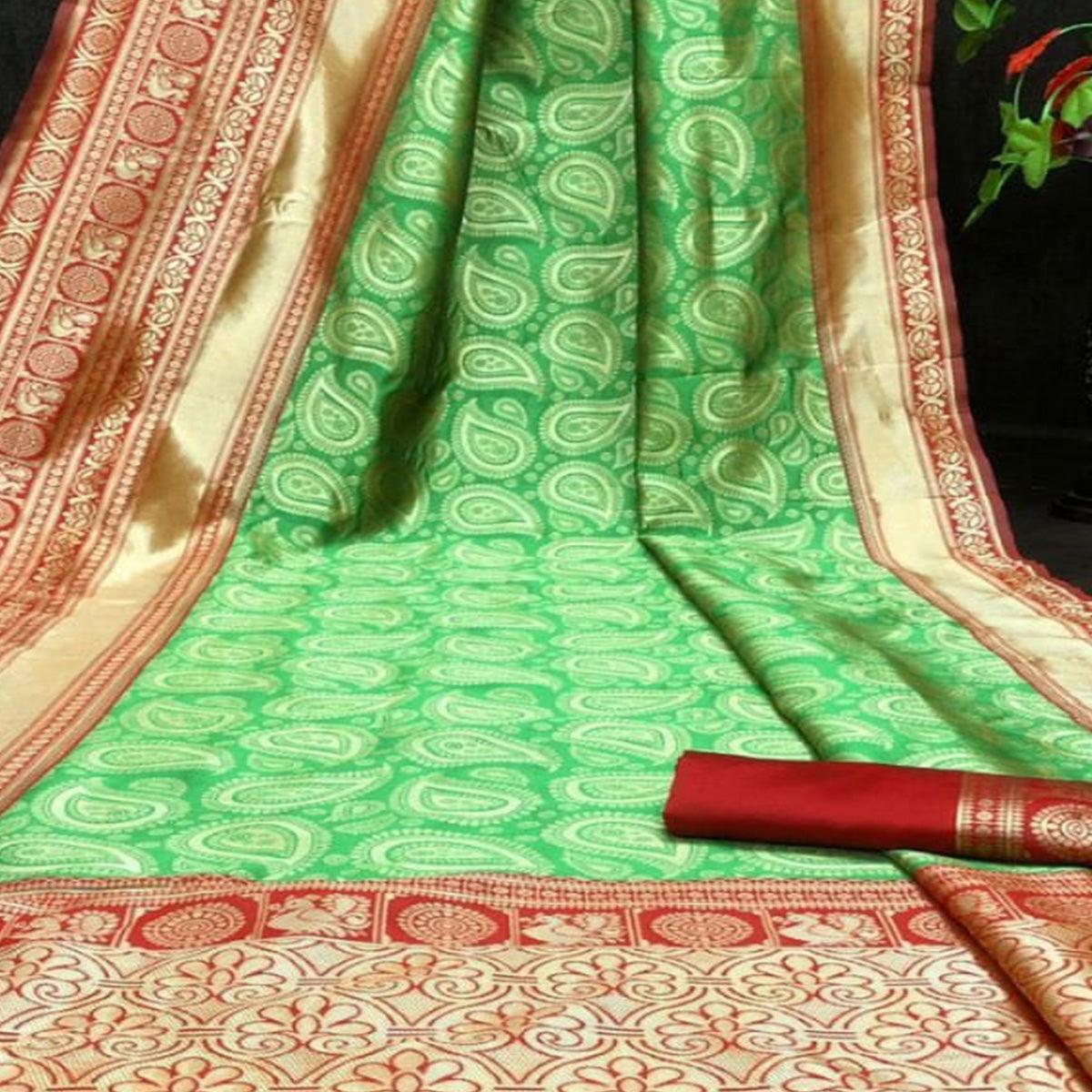Green Festive Wear Woven Designer Border Soft Lichi Silk Saree - Peachmode