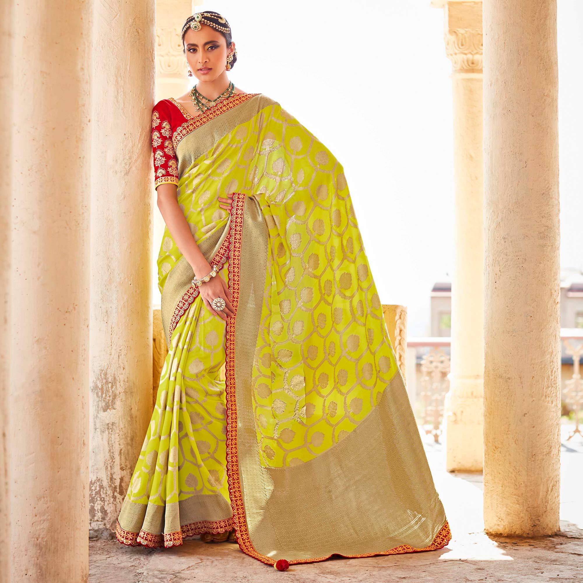 Green Festive Wear Woven Dola Silk Saree - Peachmode