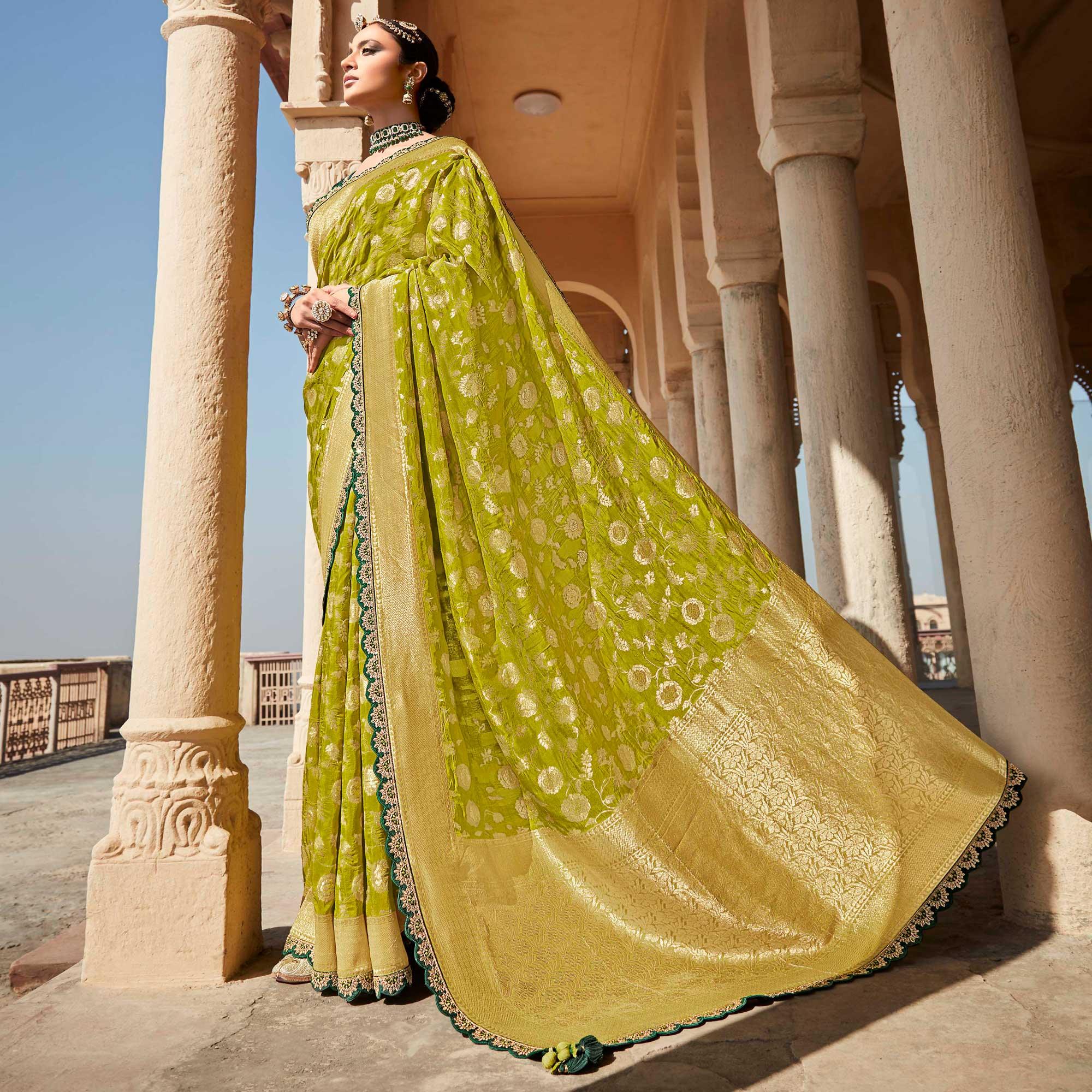 Green Festive Wear Woven Dola Silk Saree - Peachmode