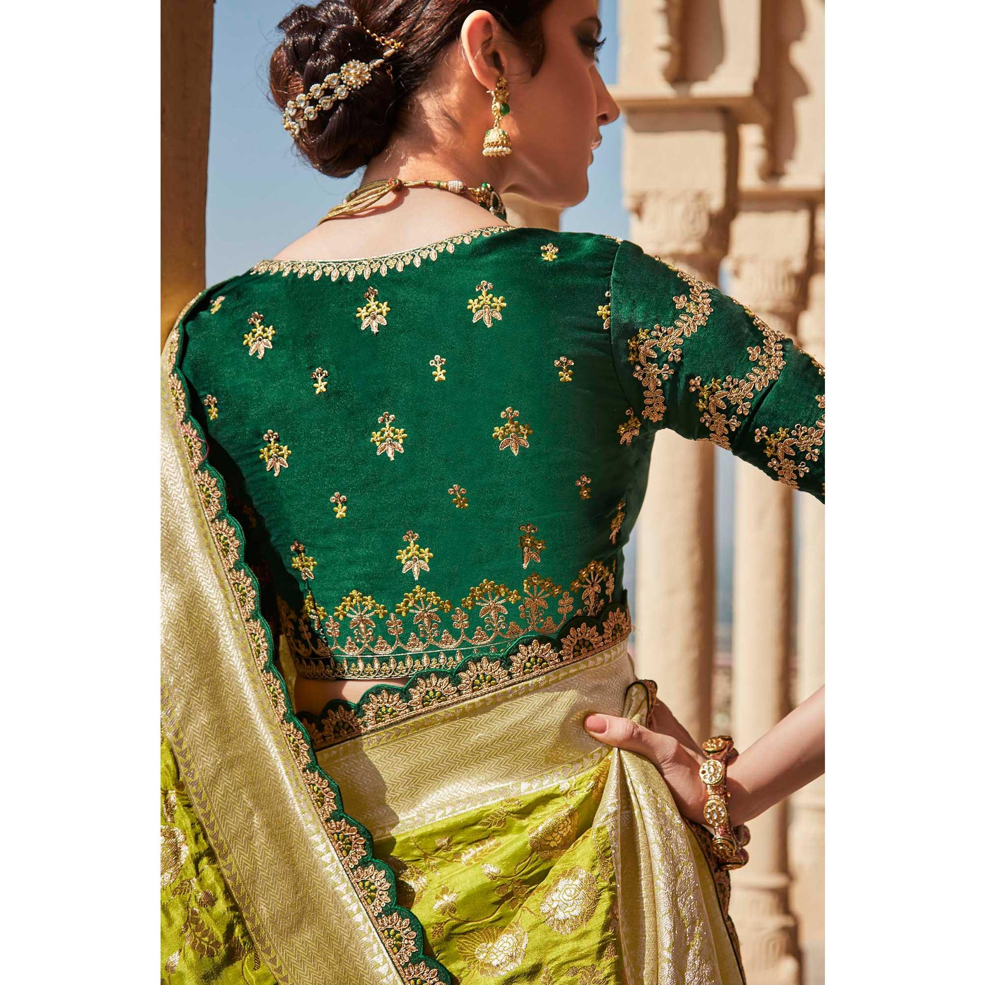 Green Festive Wear Woven Dola Silk Saree - Peachmode