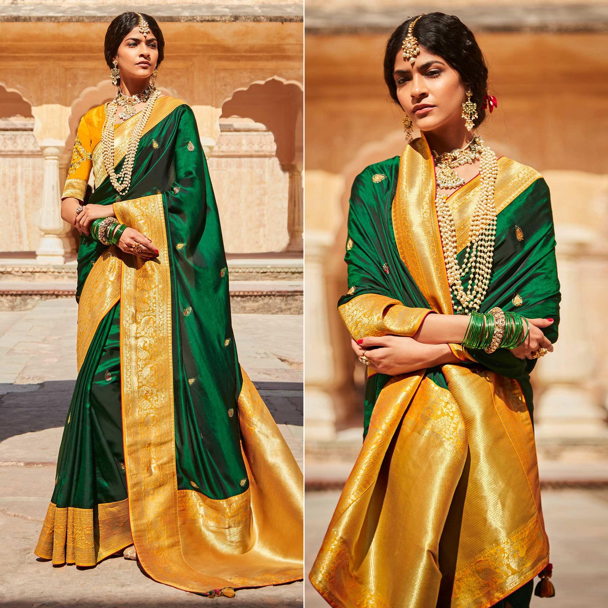 Green Festive Wear Woven-Embroidered Silk Saree - Peachmode