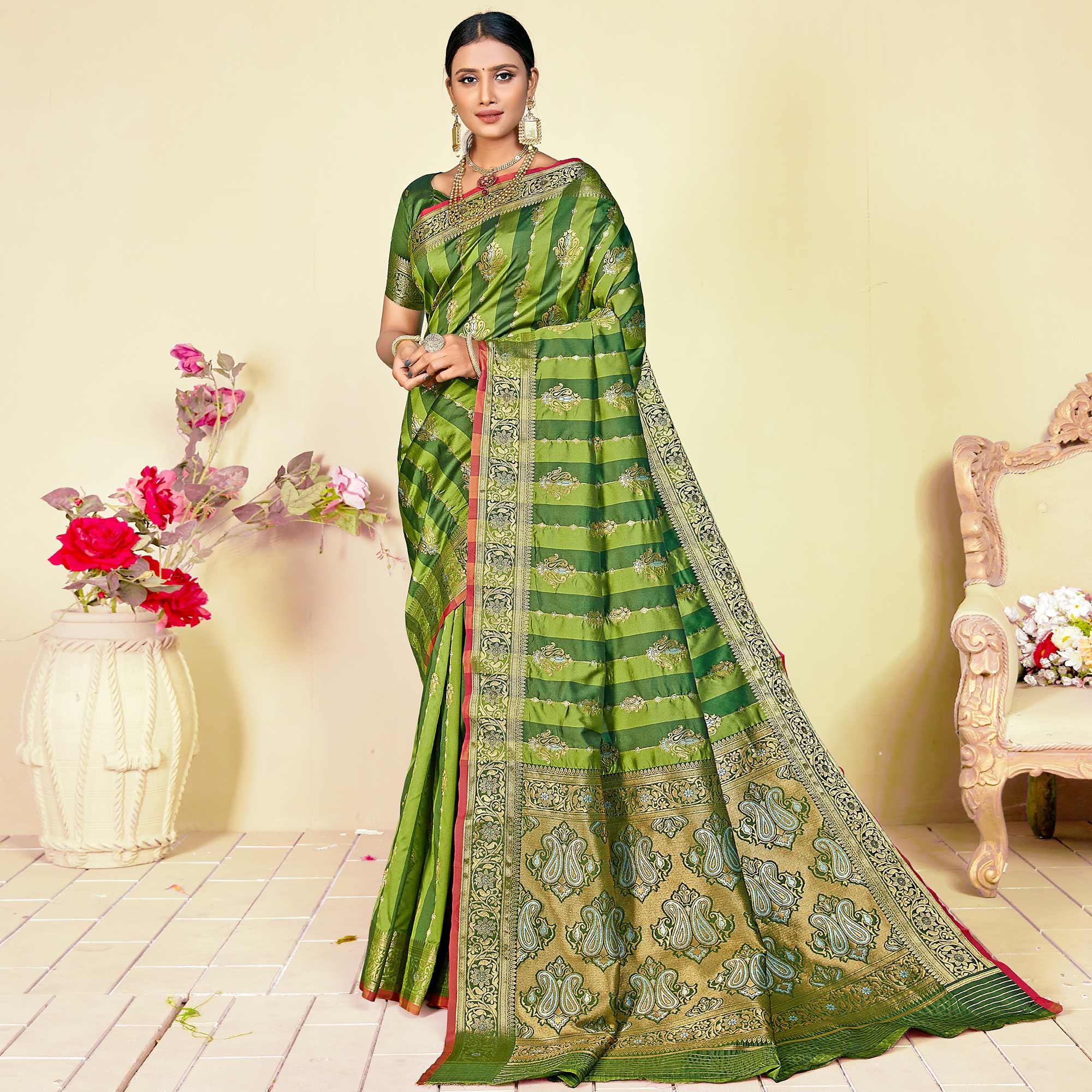 Green Festive Wear Woven Handloom Paithani Silk Saree - Peachmode