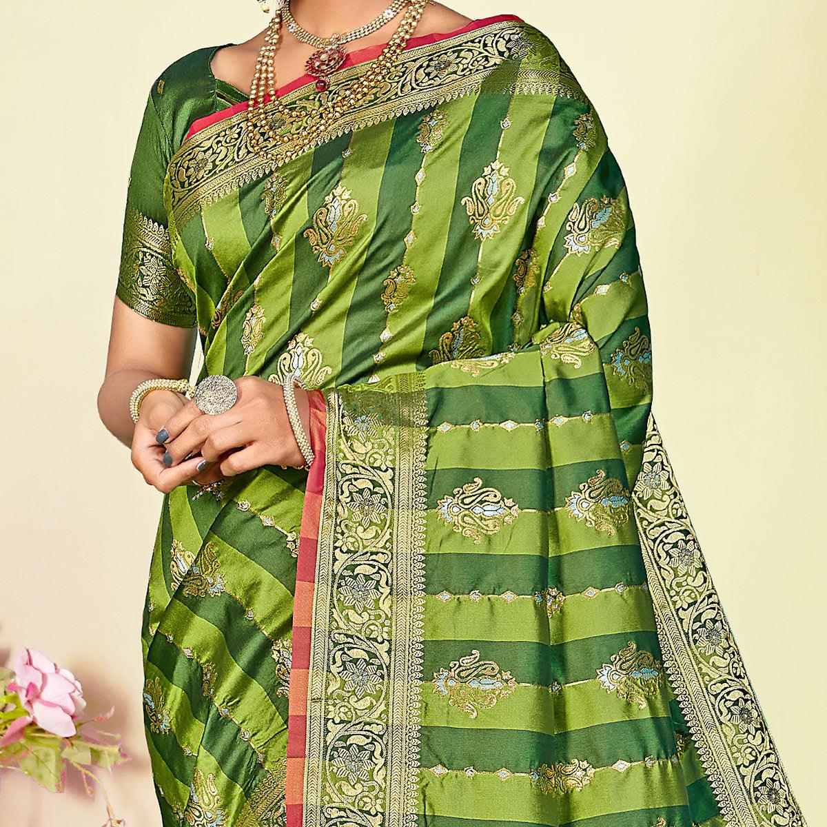 Green Festive Wear Woven Handloom Paithani Silk Saree - Peachmode