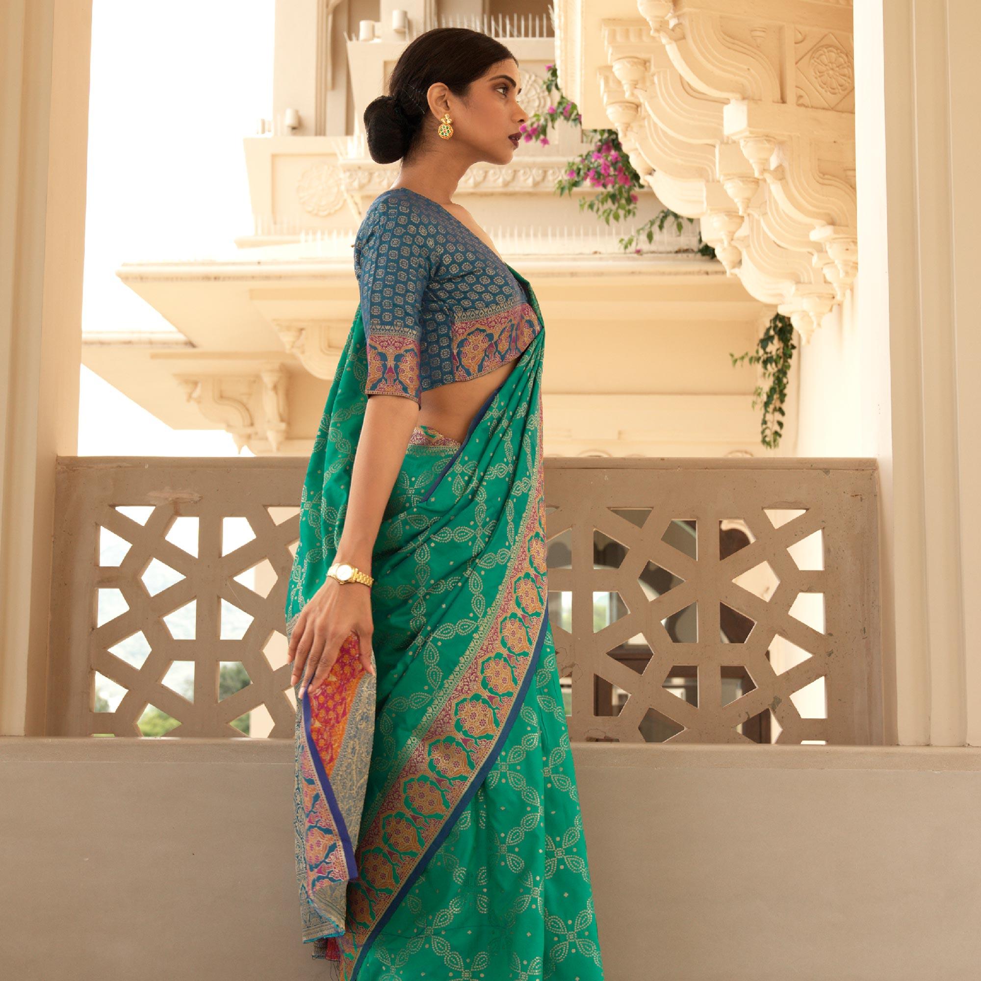 Green Festive Wear Woven Handloom Saree - Peachmode