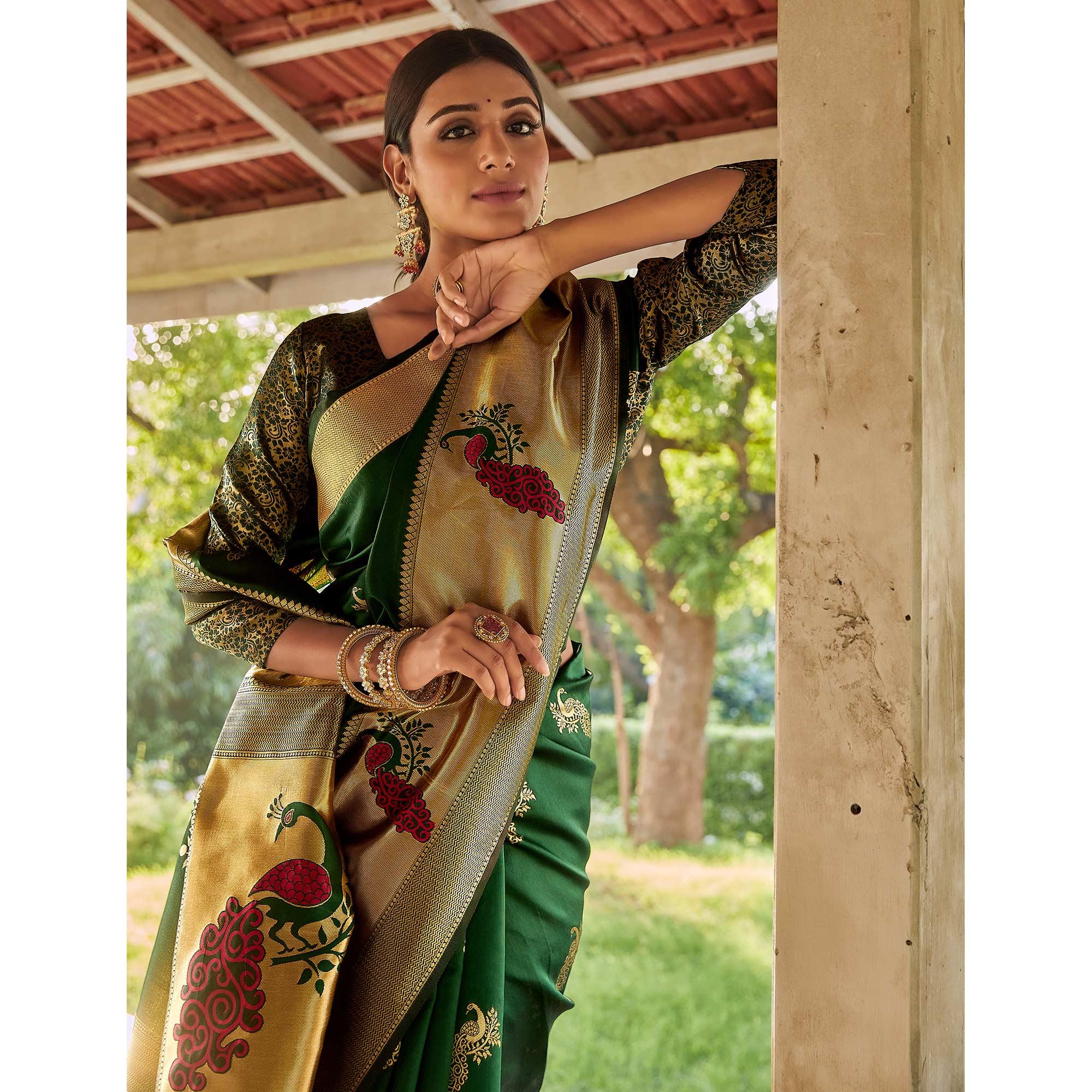 Green Festive Wear Woven Handloom Silk Saree - Peachmode
