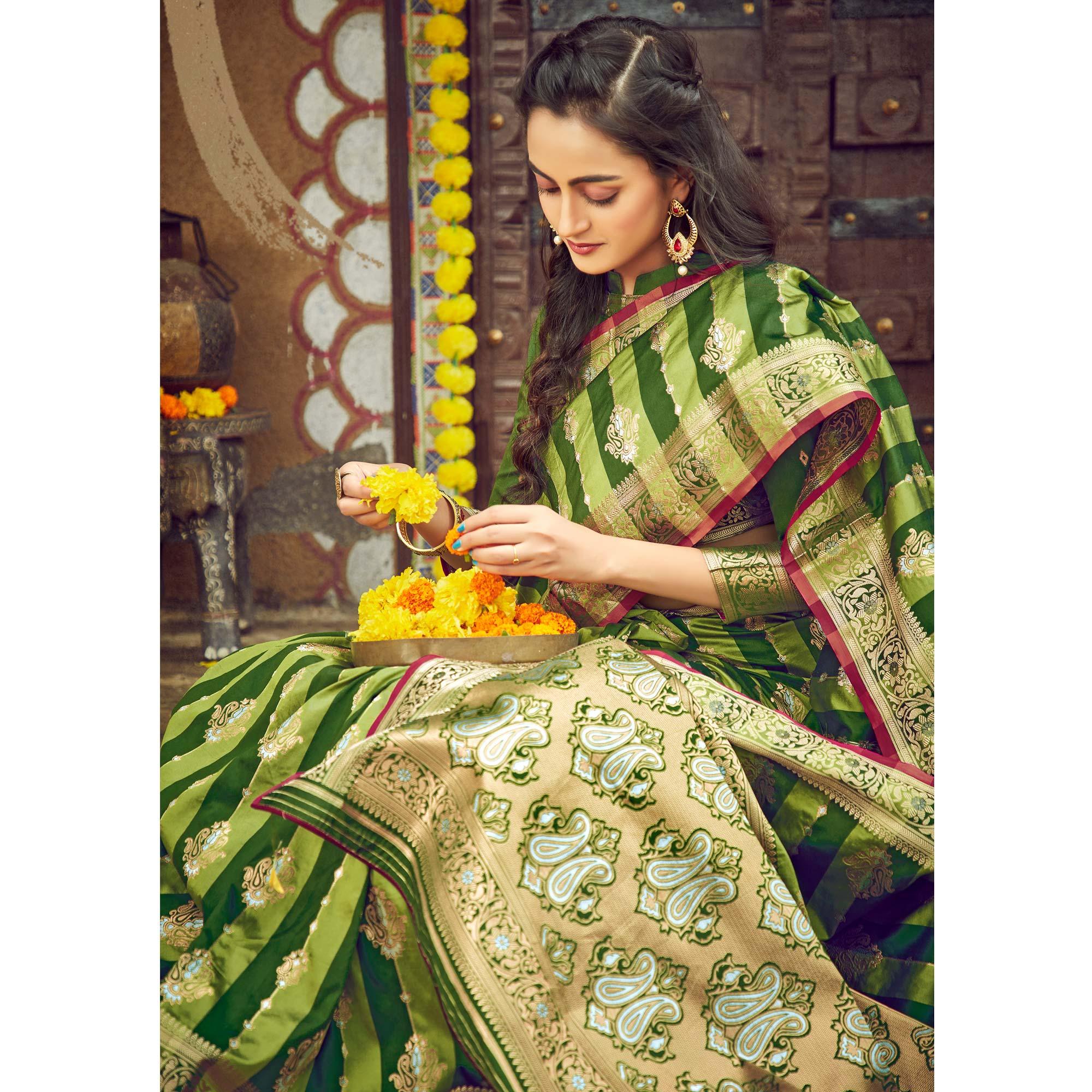 Green Festive Wear Woven Handloom Silk Saree - Peachmode