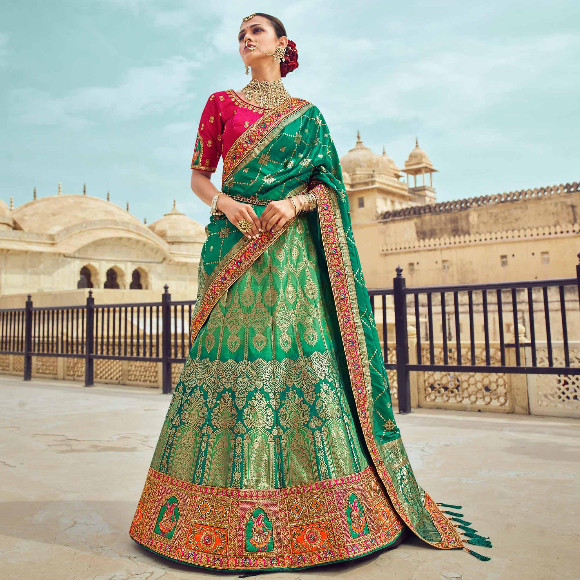 Green Festive Wear Woven Heavy Banarasi Silk Lehenga Choli - Peachmode