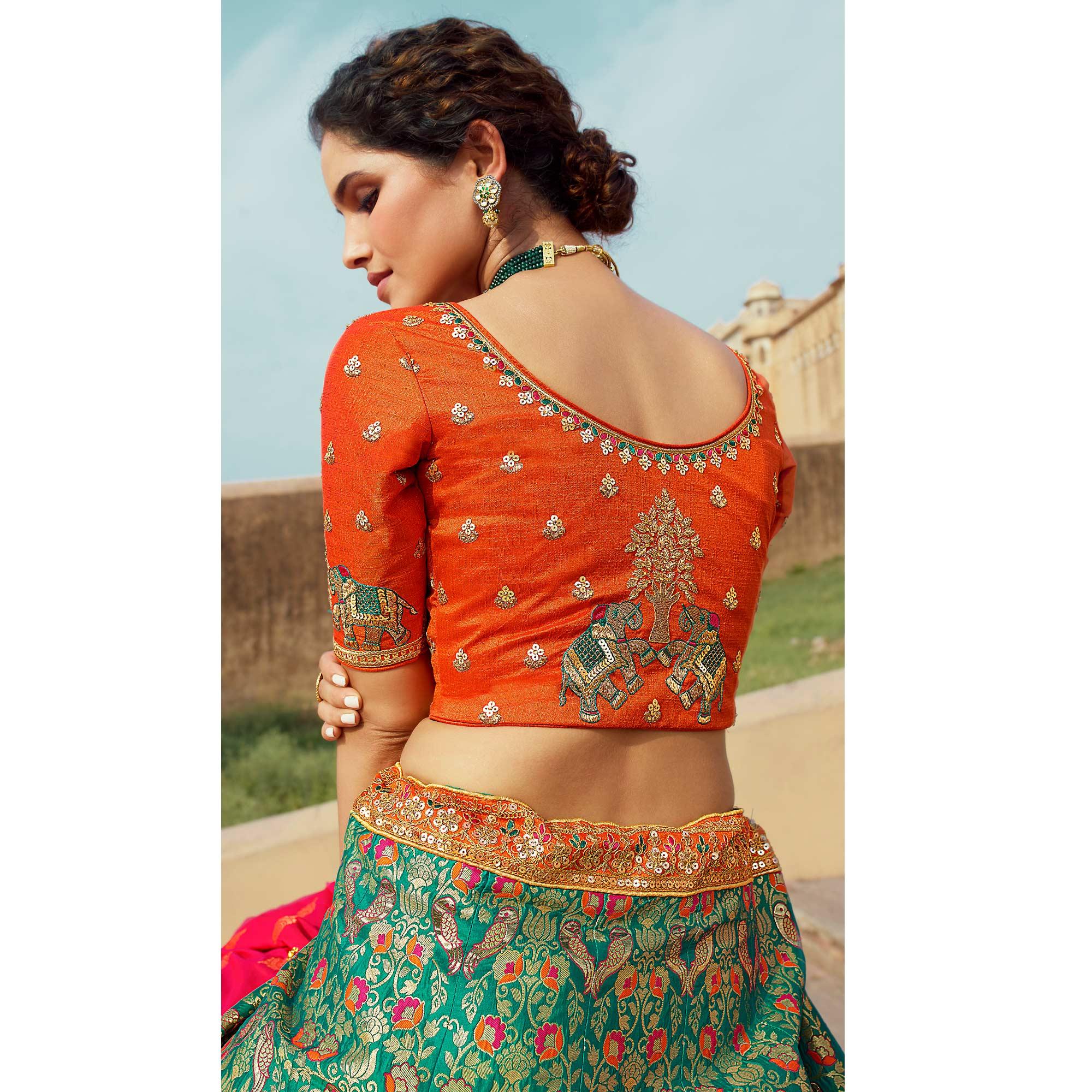 Green Festive Wear Woven Heavy Banarasi Silk Lehenga Choli - Peachmode