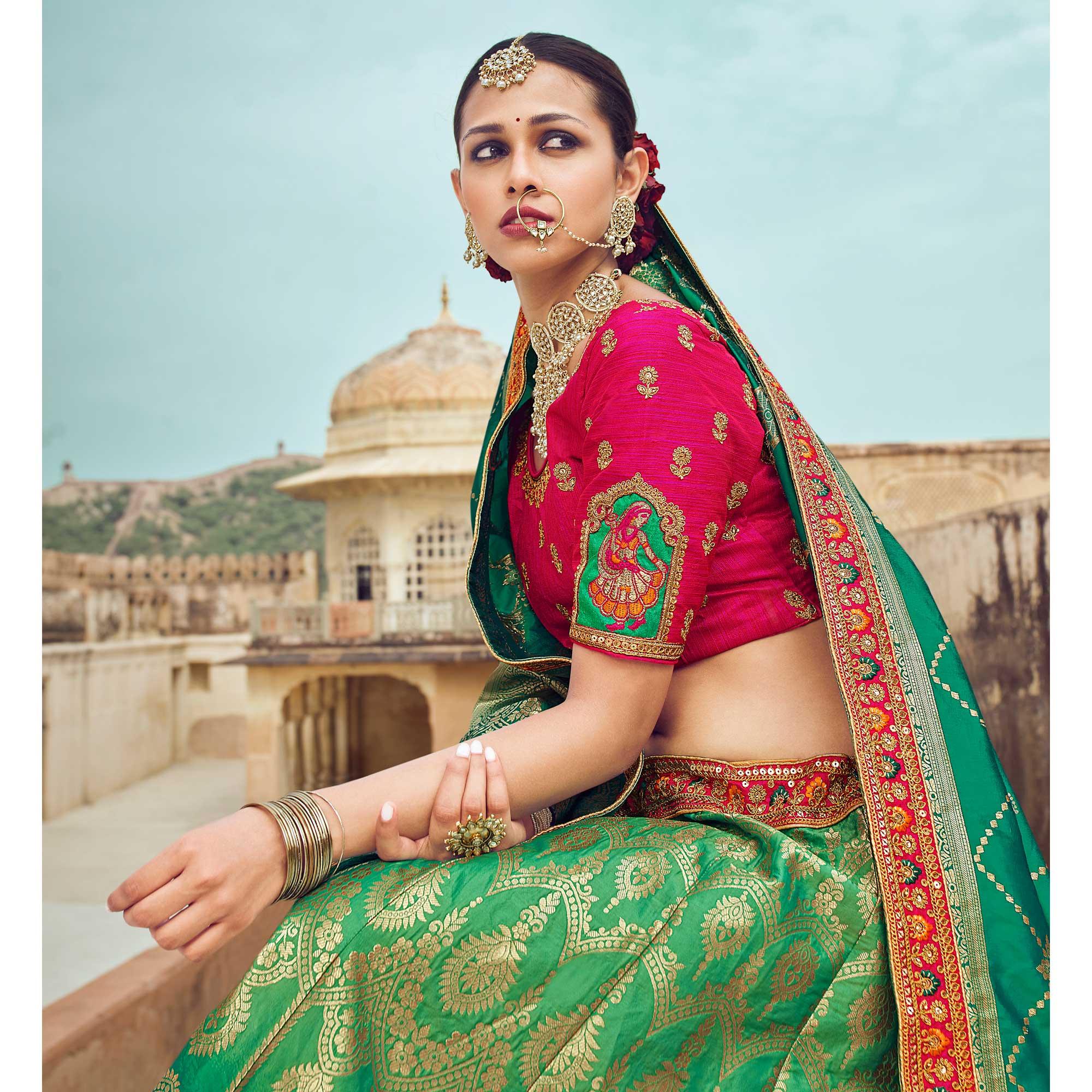 Green Festive Wear Woven Heavy Banarasi Silk Lehenga Choli - Peachmode
