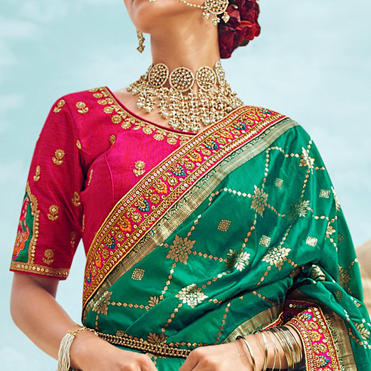 Green Festive Wear Woven Heavy Banarasi Silk Lehenga Choli - Peachmode