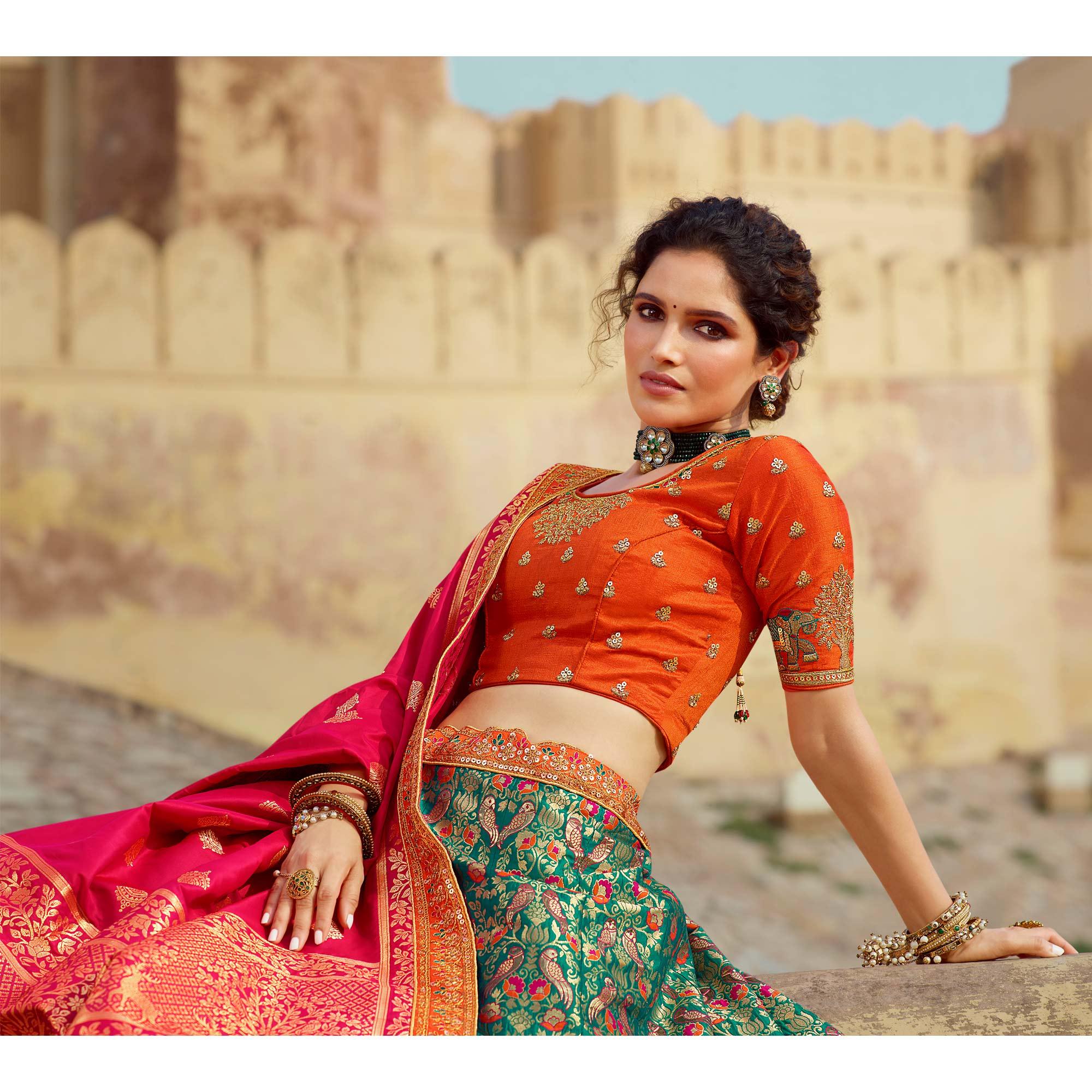 Green Festive Wear Woven Heavy Banarasi Silk Lehenga Choli - Peachmode