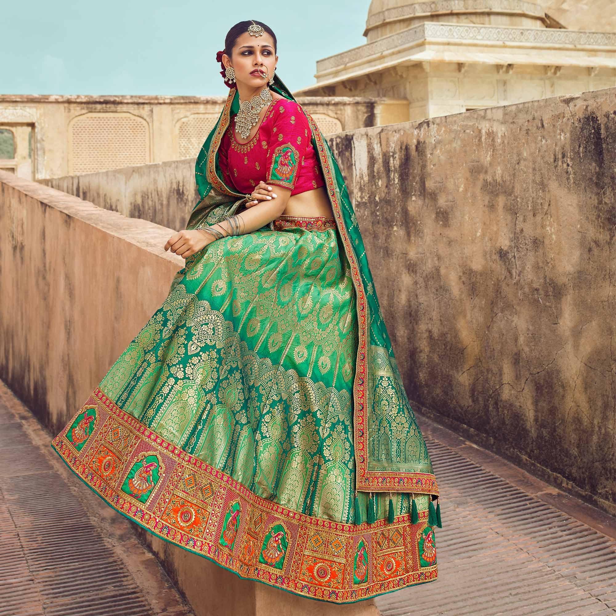 Green Festive Wear Woven Heavy Banarasi Silk Lehenga Choli - Peachmode