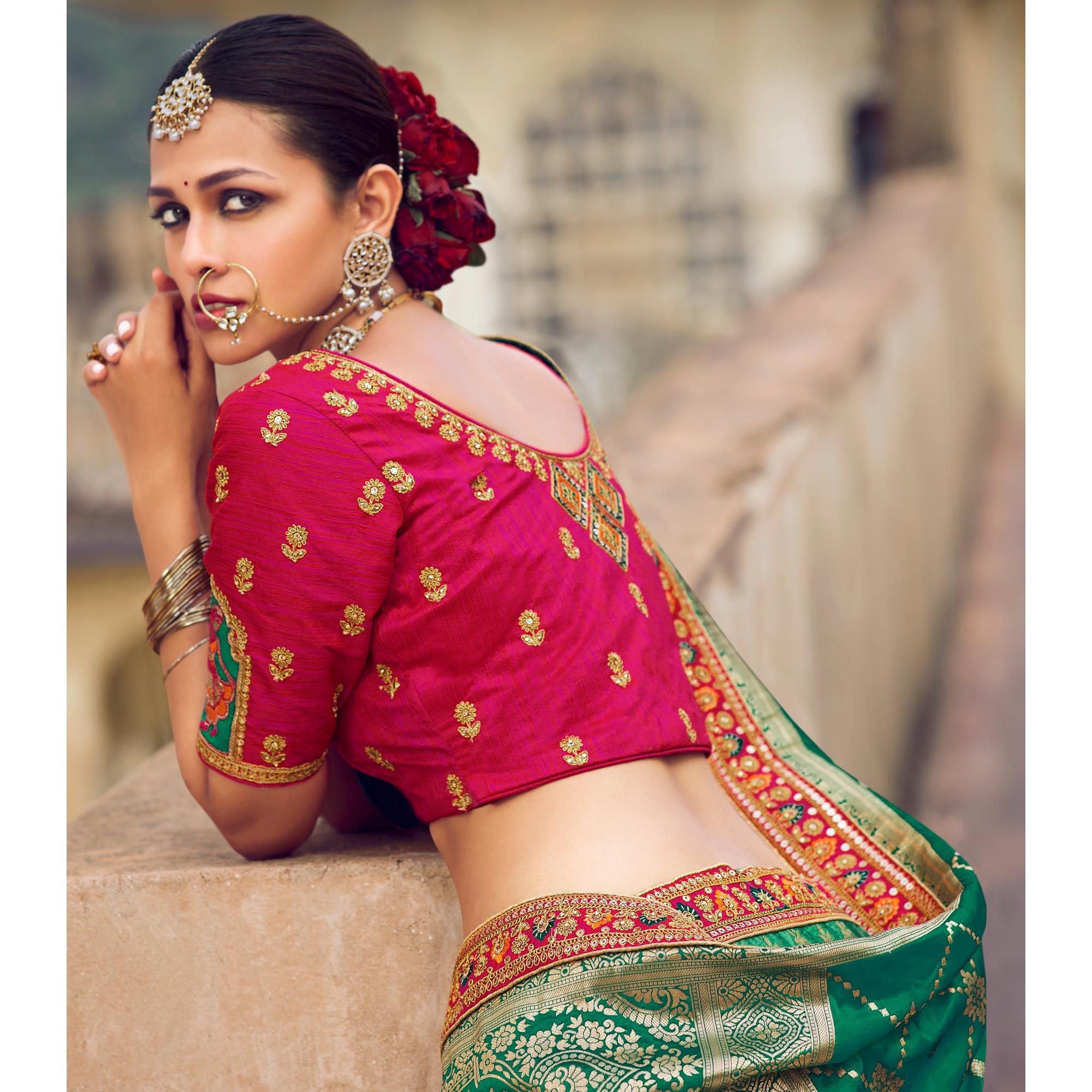 Green Festive Wear Woven Heavy Banarasi Silk Lehenga Choli - Peachmode