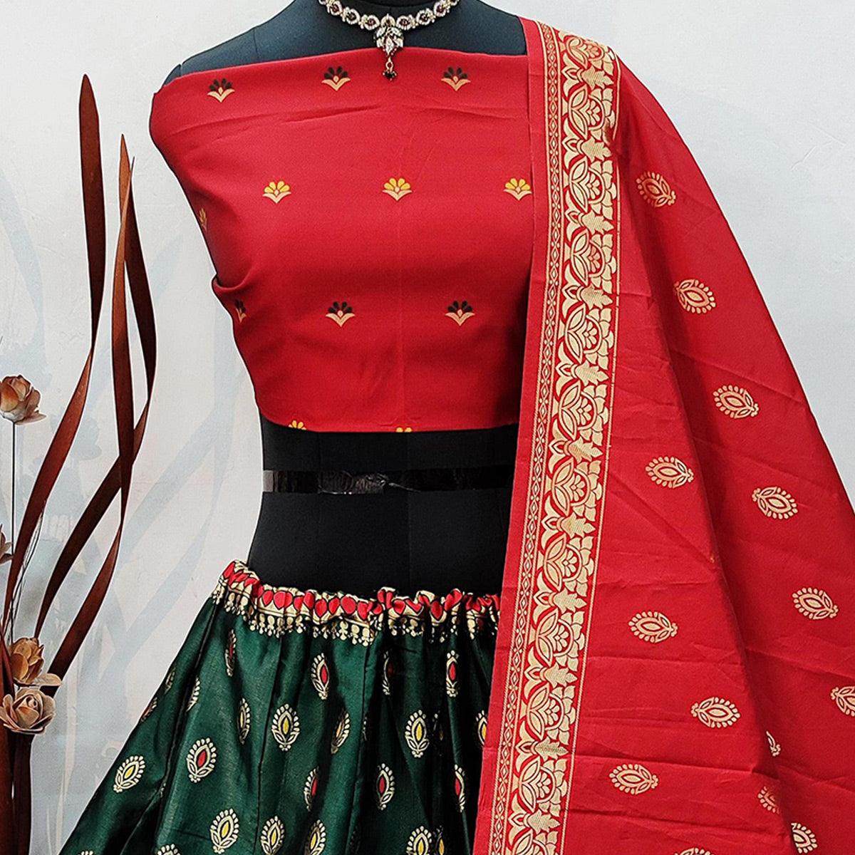 Green Festive Wear Woven Heavy Brocade Lehenga Choli - Peachmode