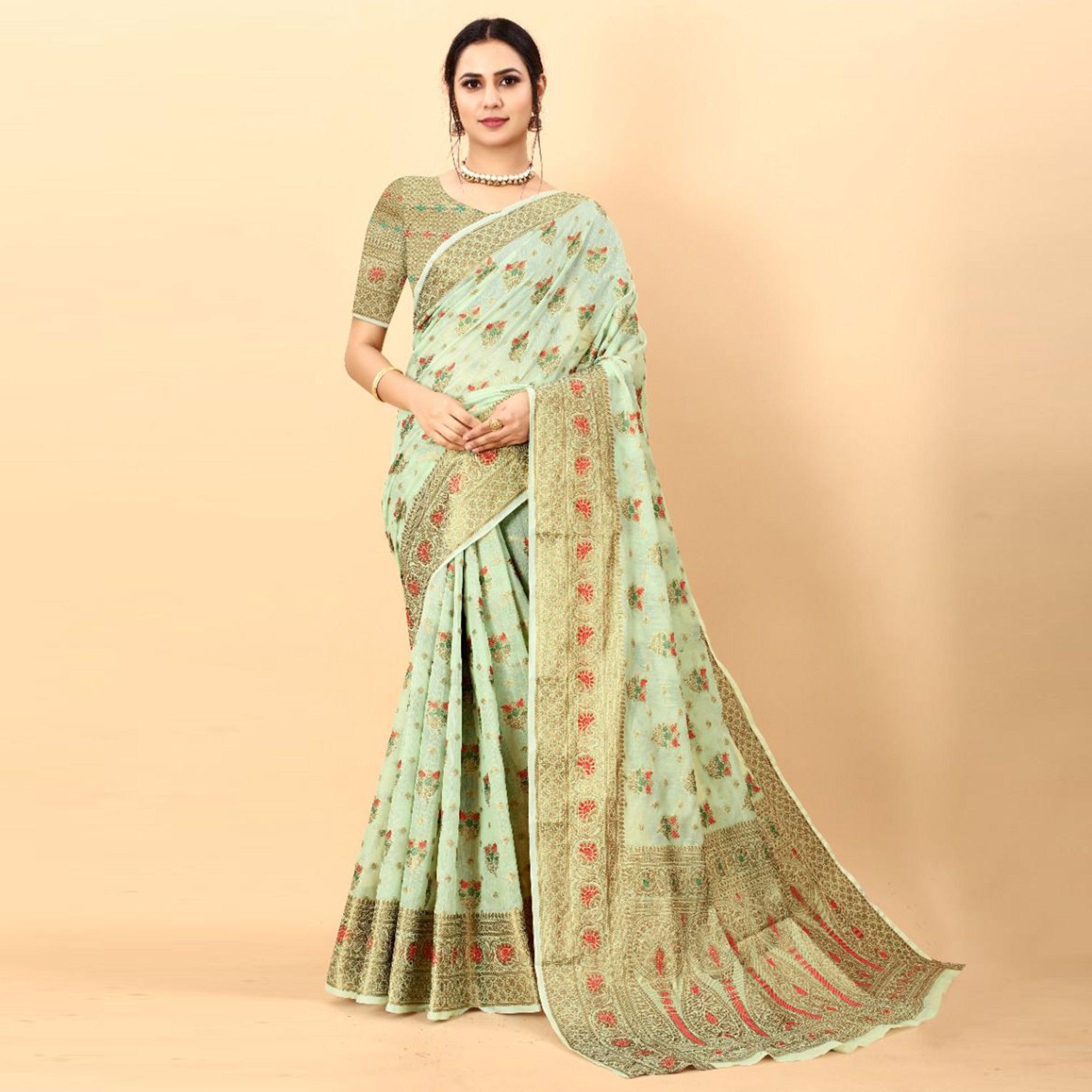 Green Festive Wear Woven Heavy Cotton Saree - Peachmode