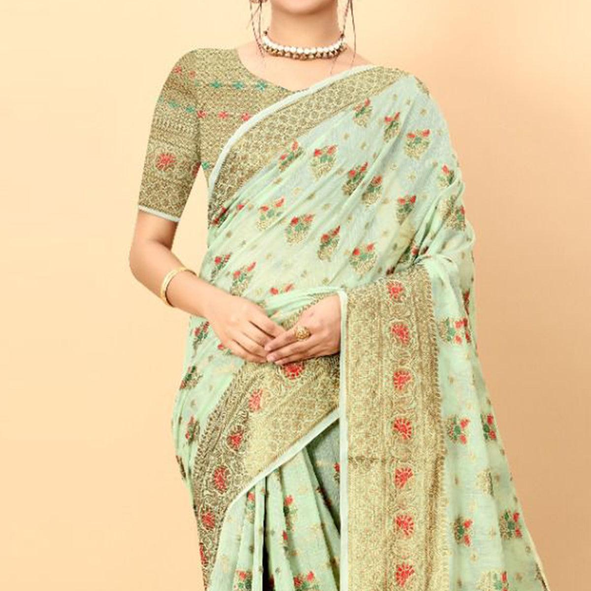 Green Festive Wear Woven Heavy Cotton Saree - Peachmode