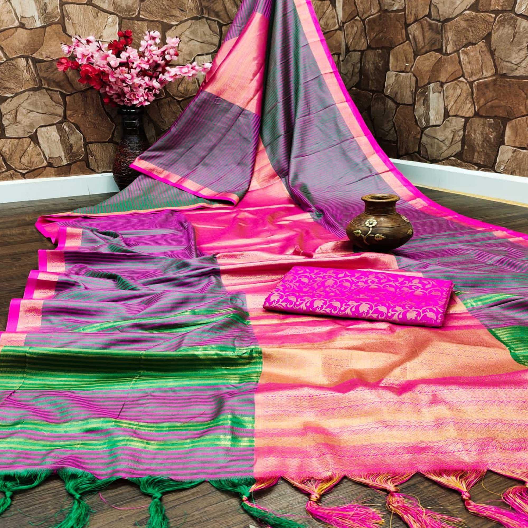 Green Festive Wear Woven Heavy Rich Cotton Silk Saree - Peachmode