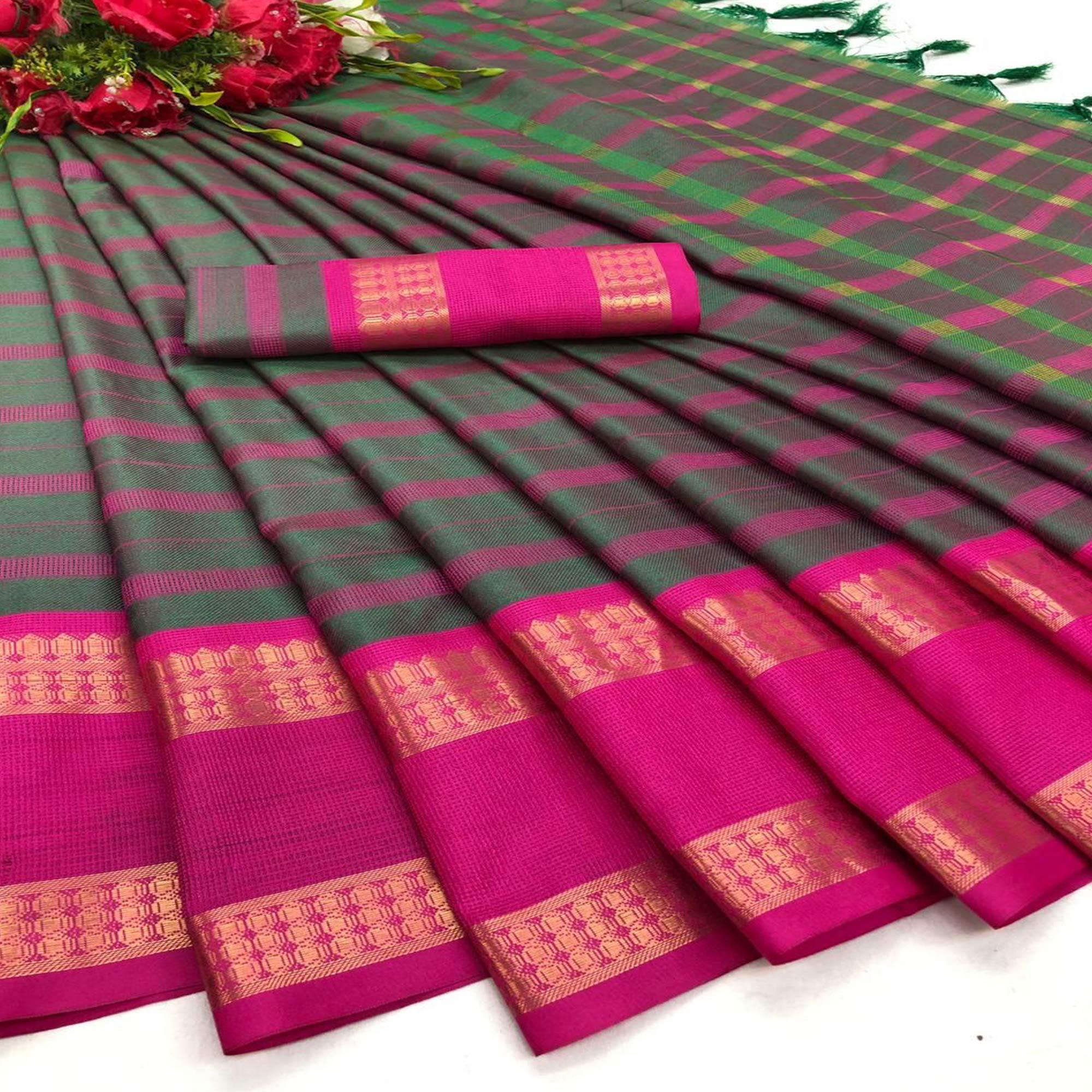 Green Festive Wear Woven Heavy Rich Cotton Silk Saree - Peachmode