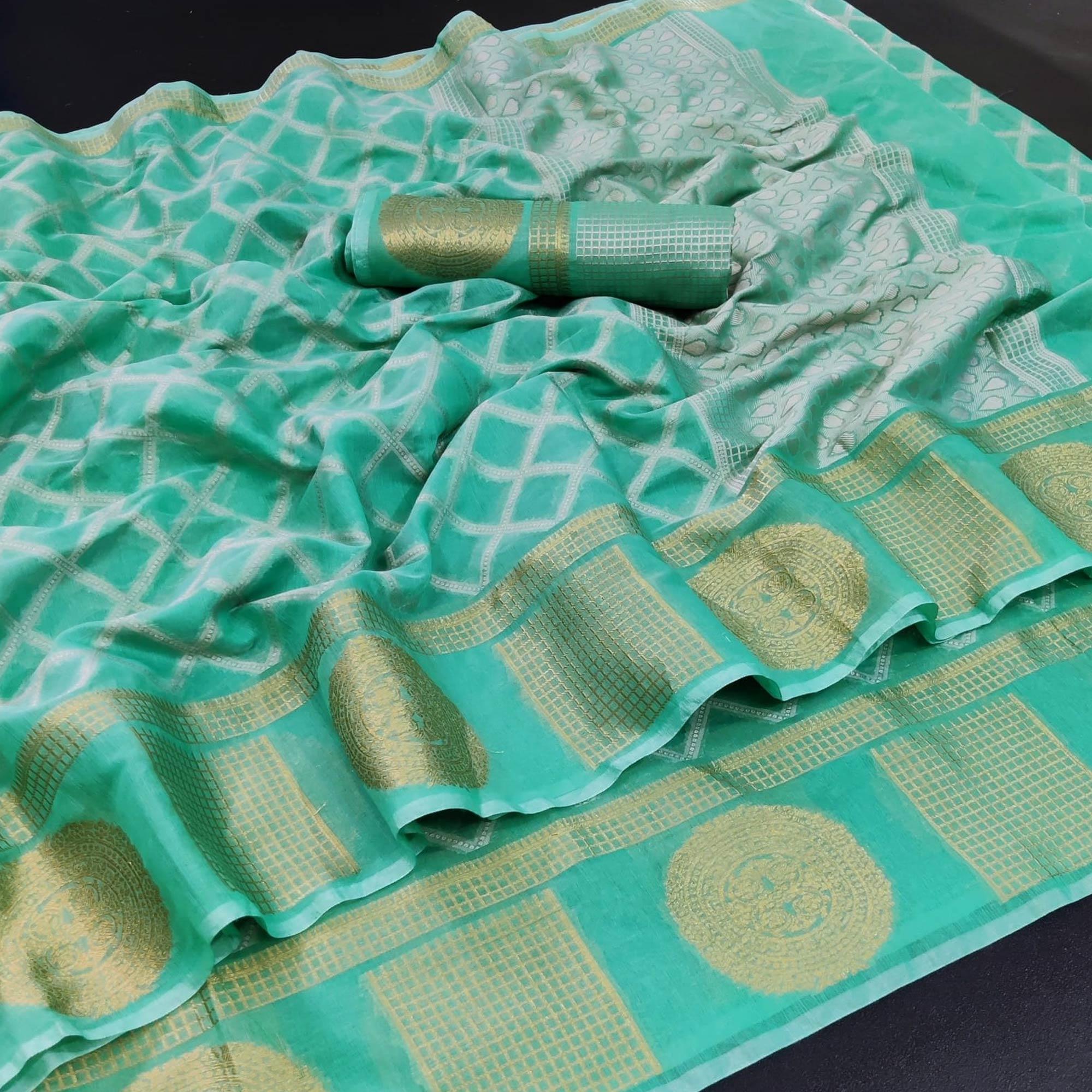 Green Festive Wear Woven Jacquard Banarasi Saree - Peachmode