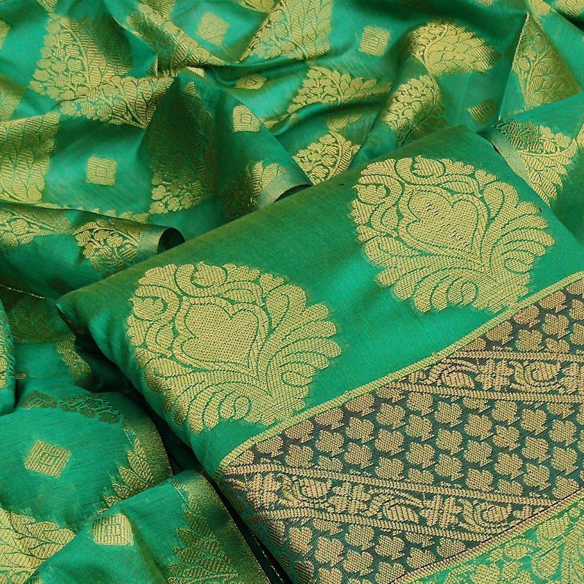 Green Festive Wear Woven Jacquard Banarasi Silk Dress Material - Peachmode