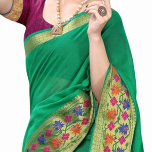 Green Festive Wear Woven Jacquard Border Cotton Saree - Peachmode