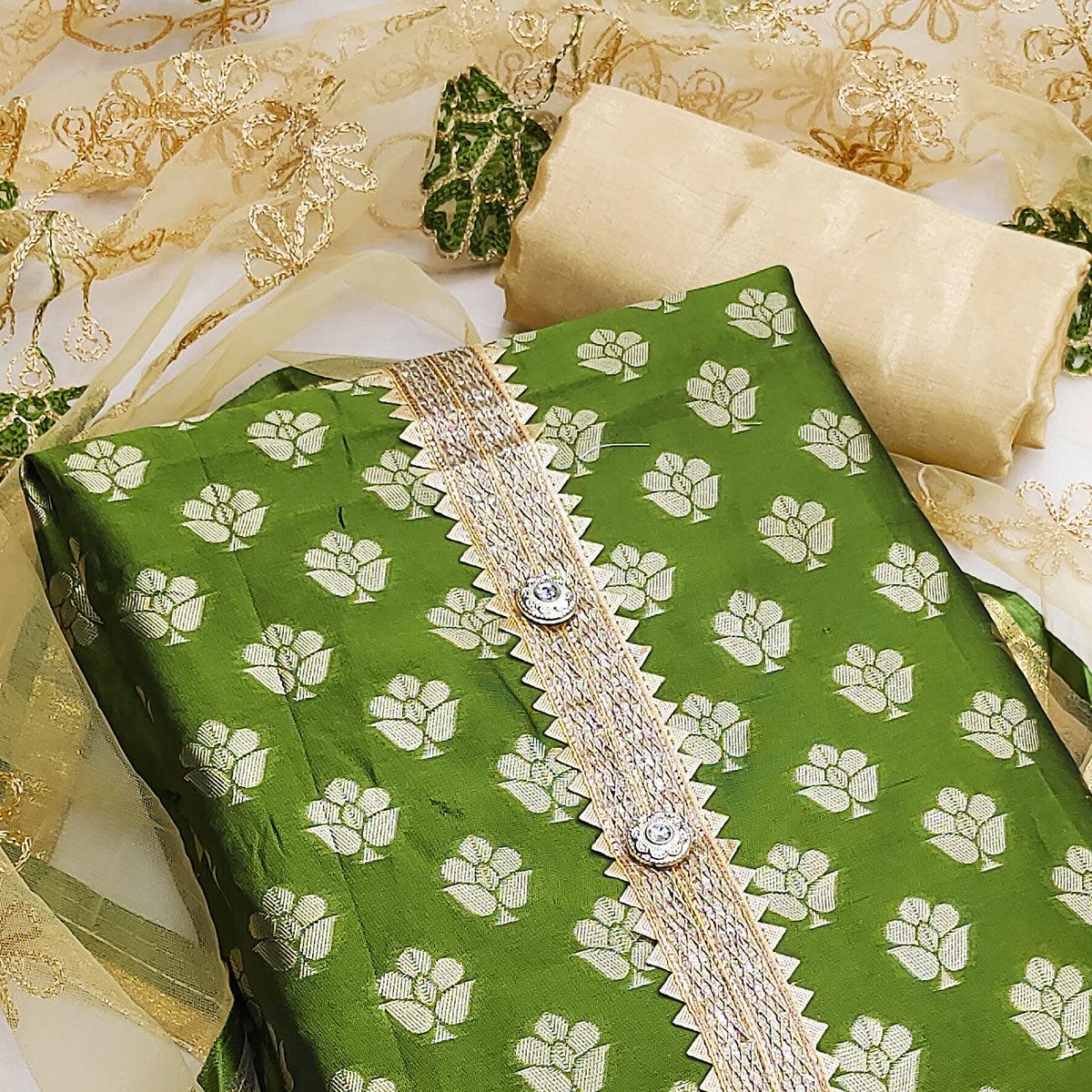 Green Festive Wear Woven Jacquard Dress Material - Peachmode