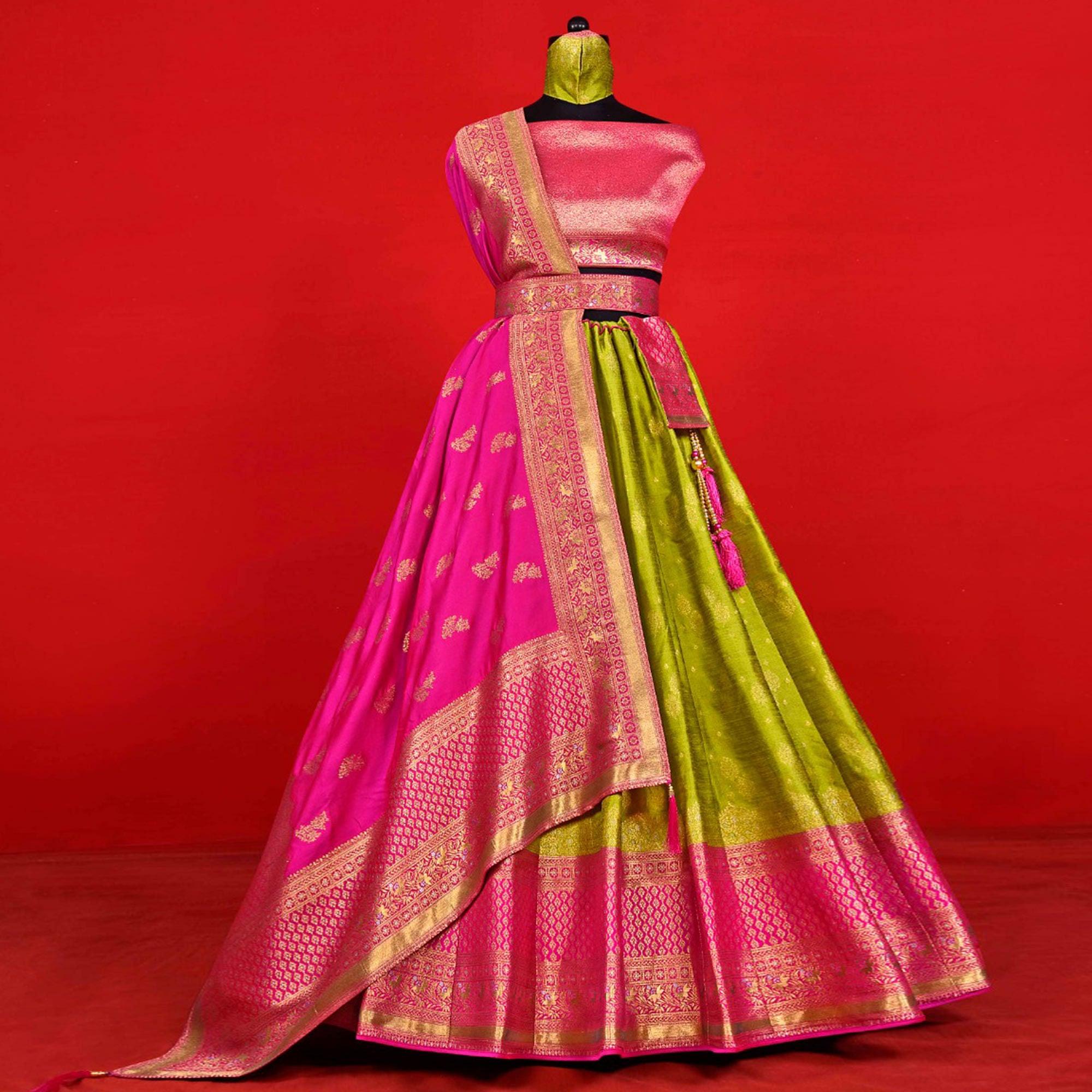 Green Festive Wear Woven Jacquard Lehenga Choli - Peachmode