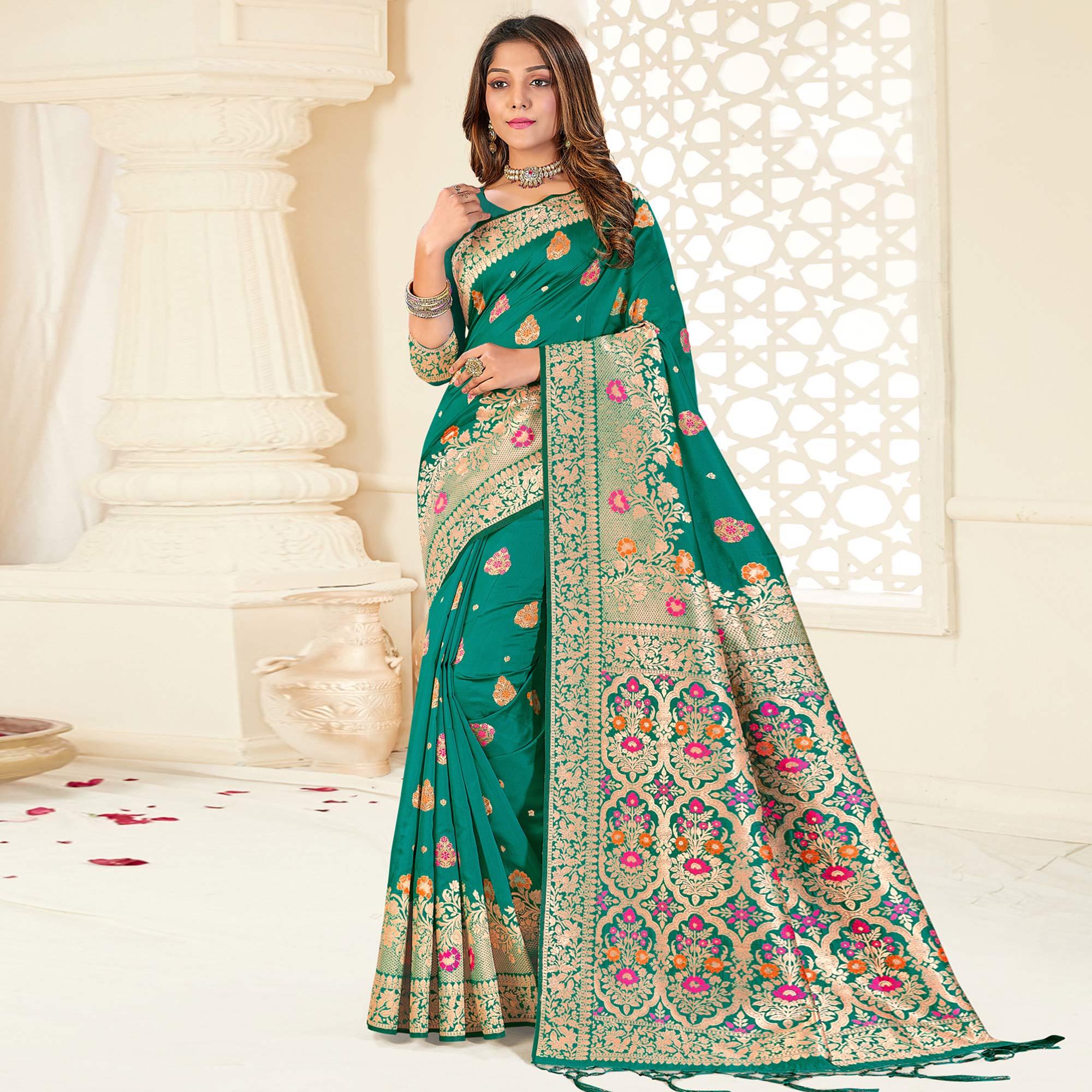 Green Festive Wear Woven Jari Border Soft Silk Saree - Peachmode