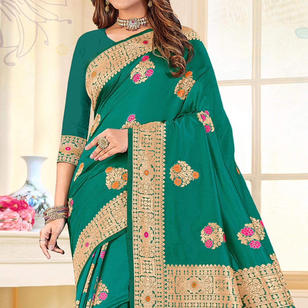 Green Festive Wear Woven Jari Border Soft Silk Saree - Peachmode